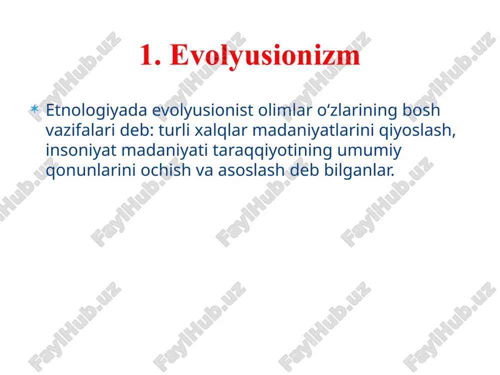 rini “antropogeografiya (1882-1891)” xalqshunoslik (1885-1895) va “yer va hayot” (1897) kabi ko‘p tomlik asarlarida ifodalaydi. ularda olim yer yuzida insonlarning joylashishi umumiy ta’svirini yozar ekan. madaniyatning geografik muhit bilan bog‘liq holda yuksalishiga e’tibor qaratdi. bu borada olim tabiiy muhitning; xalqning ichki hayotiga, uning madaniyatini shakllantirishiga, xalqlar orasida aloqalar xarakteriga (fe’li-atvoriga) ta’sirini batafsil tadqiq qiladi. foydalanilgan adabiyotlar ro'yxati: 1. salimov t.u. jahon xalqlari etnologiyasi. o`quv qo`llanma. fan nashriyoti. 2018. 315 b. 2. ashirov a.a. etnologiya. o`quv qo`llanma. yangi nashr. 2014. 562 b. 3. doniyorov a, bo’riyev o, ashirov a. markaziy osiyo xalqlari etnologiyasi. – toshkent, nif msh, 2021. – 281 b.