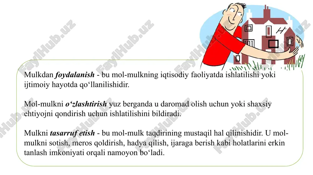 dan korxonalar qurish, davlatga qarashli korxona va tashkilotlarda investitsiyalarini amalga oshirish. jamoa mulki - muayyan maqsad yo‘lida o‘zlarida bo‘lgan ishlab chiqarish vositalarini umumlashtirib jamoaga birlashgan kishilar tomonidan moddiy va ma’naviy boyliklarni hamjihatlik bilan o‘zlashtirishni bildiradi. jamoa mulki davlat mulkini korxona jamoasi sotib olishi, badal to‘lab korxona qurishi, aksiya chiqarib, ularini sotish kabi yo‘llar orqali paydo bo‘ldi. shaxsiy mulk - bu fuqarolar mulki bo‘lib, ularning oilaviy faoliyat yuritishida shaxsiy yoki oilaviy mehnatga asoslanib, o‘z ehtiyoj ini qondirishiga xizmat qiladi. bu mulk shakli asosan shaxsning yoki uning oila a’zolarining mehnati va undan kelgan daromadlari asosida ko‘payadi va rivoj topadi. xususiy mulk - bir shaxsga jumladan, tadbirkorga qarashli bo‘lib, yollanma mehnatga asoslangan holda daromad olishga qaratilgan mulkdir. bu yerda mulk egasi bilan tadbirkomi bir xil qarash kerak emas. mulk egasi o‘z mulkini o‘zi yuritishi ham mumkin, uni tadbirkorga ijaraga berishi ham mumkin. o‘zbekistonda mulkni davlat tasarrufidan chiqarish va xususiylashtirish maqsadi, yo‘llari va usullari …
