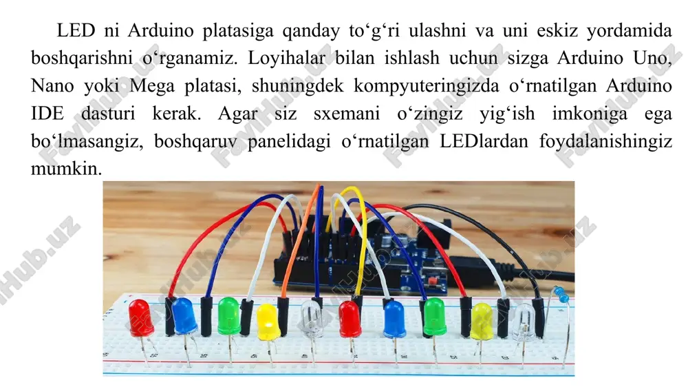 nusli elektr davri kerak bo‘ladi. birinchi narsa - quvvatni uno kartasining 5v piniga ulash. chiroq yonadi, lekin bunday qurilmani eskiz yordamida boshqarish mumkin emas. quvvat yoqilguncha chiroq yonadi. shunday qilib, biz ledni plataga ulashimiz kerak. buning uchun biz uzun oyoqni plus bilan bog‘laymiz, ya'ni platadagi raqamli yoki analog ulagichga olib keladigan sxemaning qismiga. lekin biz buni darhol emas, balki rezistor orqali qilamiz, u keyinchalik 13 pinga ulanadi. qisqa oyog‘ini (minus) minusga - gnd piniga ulang. diagrammada shunday ko‘rinishda. sxemani yig‘ish uchun bizga quyidagilar kerak: • arduino platasi • doska • 2 ta sim "dada-dada" • yorug‘lik chiqaruvchi diod • qarshilik. siz rezistorni va ledni almashtirishingiz mumkin - gnd ni rezistorga ulang va to‘g‘ridan -to‘g‘ri raqamli pin bilan ulang. bundan hech narsa o‘zgarmaydi. agar siz simlarni almashtirishni xohlasangiz, diodning oyoqlari uzun tomoni taxtaning pinlariga olib keladigan simlarga, qisqa tomoni esa gnd etiketli pinlarga turishi kerakligiga e'tibor bering. muhim! ma'lum holatlarda, siz …