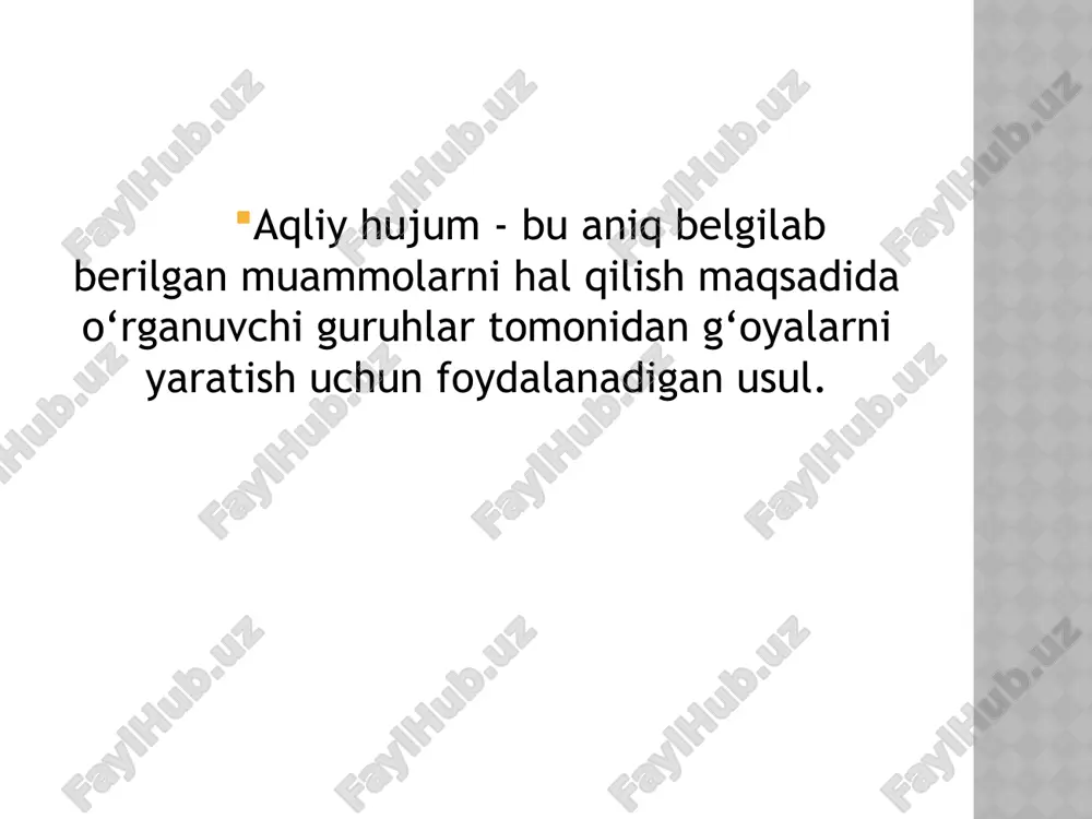 vertlar uchun osonroq, taraqqiyotni qayd etish ancha oson o‘z-o‘zidan paydo bo‘lish uchun kam joy, g‘oyalarning tartibsiz oqimi, texnik to‘siqlar katta guruhlar, uyatchan ishtirokchilar bilan guruhlar, xalqaro guruhlar miya yozishi vaqt yoki makondan mustaqil ravishda, ixtiyoriy ravishda maxfiylik, introvertlar uchun osonroq, taraqqiyotni qayd etish ancha oson, uzoq muddatli loyihalar uchun ham mos keladi o‘z-o‘zidan paydo bo‘lish uchun kamroq joy, g‘oyalarning tartibsiz oqimi, g‘oyalar bir-biriga hech qanday aloqasi yo‘q, bir kishiga bir nechta javob berish mumkin o‘rta va katta guruhlar, uyatchan ishtirokchilar bilan guruhlar, xalqaro guruhlar miya yurishi vaqtdan mustaqil, ixtiyoriy noma’lumlik, introvertlar uchun osonroq, taraqqiyotni qayd etish ancha oson, shuningdek uzoq muddatli loyihalar uchun mos keladi, g‘oyalar bir-biri bilan munosabatda bo‘lishi mumkin, turli xil fikrlar portfeli, ish kunida osonlikcha birlashtiriladi (diagrammalar, eskizlar) joyga bog‘liq, o‘z-o‘zidan paydo bo‘ladigan joy kam, g‘oyalarning tartibsiz oqimi, uzoq loyiha muddati, nisbatan yuqori rejalashtirish xarajatlari, yuqori moddiy xarajatlar o‘rta va katta guruhlar, uyatchan ishtirokchilar bilan guruhlar, xalqaro …