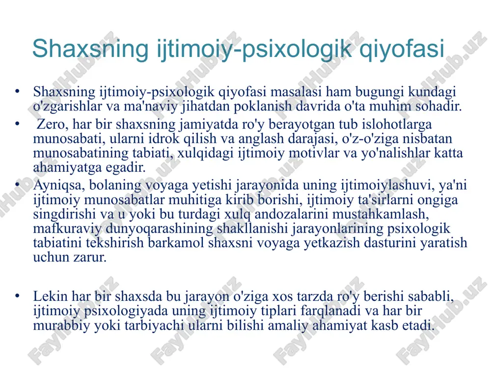 rda orttirilgan tajriba boshqalarga uzatiladi, shunga ko'ra shaxs strukturasida ham xususiy o'zgarishlar ro'y beradi. ekstrovert va introvert toifali shaxslar- bu tiplar muloqotga kirisha olish qobiliyatiga ko'ra farqlanadilar. masalan, ekstrovertlar — o'ta muloqotga kirishuvchan, o'zini odamlar guruhisiz tasavvur qila olmaydigan shaxsdir. uning uchun muloqot haqiqiy ehtiyojidir, boshqalarning uni tushunish-tushunmasliklaridan qat`iy nazar, u doimo o'z fikr-istaklarini o'rtoqlashgisi keladi. ekstrovert uchun konkret kim bilandir muloqotda bo'lish emas, umuman kim bilan bo'lsa ham muloqotda bo'lish xohishi muhim. shuning uchun ham u umuman begona odam bilan gaplashib, kirishib keta oladi. gaplashgisi kelmagan begonaning psixologiyasini tushunishi qiyin ("qanday qilib gaplashishni xohlamaslik mumkin?", — deb uylaydi u). ekstrovertning qiziqishlari ham tez-tez o'zgarib turadi, do'stlari, o'rtoqlarini ham almashtirib turishga intiladi. bundan tashqari, u o'ta kirishuvchan bo'lganligi uchun ham har qanday sharoitda vaziyatdan chiqish usullari to'g'risida tez xulosaga keladi, o'ta qiziquvchan, dunyoda bo'layotgan hodisalar, ''mish-mishlar"ni bilish uning uchun zarur. ekstrovert kek saqlamaydi, bugun urushgan odami bilan ertaga hech narsa …