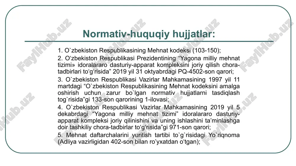 mehnat shartnomasi bekor qilinishi mumkin; 3 ko‘pchilik xodimlar guruhi uchun mehnat shartlari noqulay tarzda o‘zgarganda, mahalliy mehnat organiga ma’lumot berilishi shart; 4 ish beruvchi xodimning roziligisiz mehnat shartlarini o‘zgartirishga faqat texnologiyadagi, ishlab chiqarish va mehnatni tashkil etishdagi o‘zgarishlar, ishlar (mahsulot, xizmatlar) hajmining qisqarishi bilan bog’liq hollardagina haqlidir. xodim ish beruvchi tomonidan mehnat shartlari o‘zgartirilganligi ustidan sudga shikoyat qilishga haqli. 5 01 xodim ish beruvchidan mehnat shartlarini o‘zgartirishni talab qilishga haqli 02 arizasi berilgan kundan e’tiboran uch kundan kechiktirmay ish beruvchi tomonidan ko‘rib chiqilishi lozim; 03 xodimning mehnat shartlarini o‘zgartirish haqidagi talablari rad etilgan taqdirda, ish beruvchi sababni yozma shaklda ma’lum qilishi kerak. 04 mehnat shartnomasida shartlashib olinmagan ish joyini o‘zgartirish mehnat shartlarini o‘zgartirish deb hisoblanmaydi. xodimning mehnat shartlarini o‘zgartirish huquqi xodim boshqa ishga o‘tishdan bosh tortgan yoki korxonada muvofiq keladigan ish bo‘lmagan taqdirda, mehnat shartnomasi umumiy asoslarda bekor qilinishi mumkin. ish beruvchi xodimga mutaxassisligi va malakasiga muvofiq keladigan ishni (xodim …