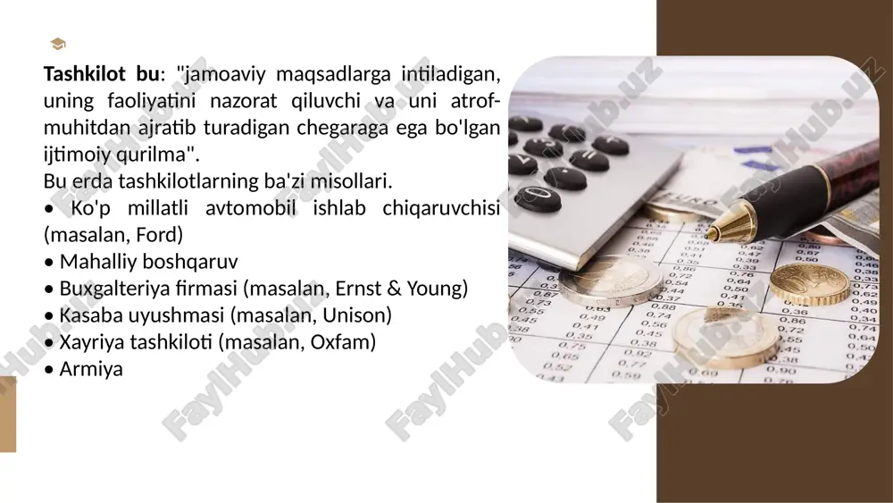 dilar. nodavlat notijorat tashkilotlari manfaatdor tomonlarning maqsad va vazifalari menejerlar maqsadlarni belgilashda mutlaq erkinlikka ega emaslar: ular turli guruh manfaatdorlar manfaatlarini ham hisobga olishlari kerak. menejerlar manfaatdor tomonlarning agenti sifatida ishlaydi, ularning ta'siri tashkilotdan tashkilotga farq qiladi. shunday qilib, biznesdagi agentlik munosabatlari tashkilotning egalari (aktsiyadorlari) "asos" va tashkilotni ularning nomidan boshqaradiganlar (kompaniya direktori) ya’ni aksiyadorlar "agentlari" sifatida ajratilishini anglatadi. kompaniya rahbarlari o’z faoliyatlarini aktsiyadorlar manfaatlariga (o'z manfaatlarini ko'zlamagan holda) to'g'ri keladigan tarzda olib borishlari kerak. menejmentning manfaatlari tashkilotning maqsadlariga mos kelishi muhim, shunda ular aktsiyadorlar va boshqa manfaatdor tomonlarga foyda keltirish ehtimollari oshadi. agentlik tushunchasi, ayniqsa, kompaniya egalari va uning menejerlari o'rtasida katta bo'linish mavjud bo'lgan yirik tashkilotlar uchun dolzarbdir. tashkilotda manfaatdor tomonlarning uchta asosiy turi mavjud, xususan: • ichki manfaatdorlar (xodimlar, rahbariyat) •aloqador manfaatdor tomonlar (aksiyadorlar, mijozlar, yetkazib beruvchilar, moliyalovchilar) • tashqi manfaatdor tomonlar (jamiyat, hukumat, bosim guruhlari) ichki manfaatdor tomonlar: xodimlar va boshqaruv xodimlar va rahbariyat kompaniya bilan …