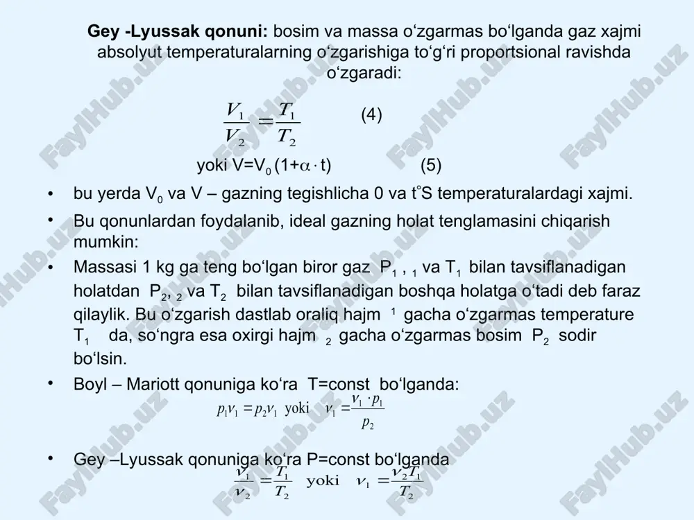 n – aralashma komponentlarining partsial bosimlari. gazlar aralashmasidagi biror komponent aralashma temperaturasida bo‘lib, bir o‘zi shu aralashma egallagan hajmni to‘ldirganda ko‘rsatayotgan bosim ayni komponentning partsial bosimi deyiladi. dalton qonuni ideal gazlar uchungina to‘g‘ri keladi. aralashma tarkibini ifodalash usullari gazlar ish aralashmasining tarkibi shu aralashma tarkibiga kiruvchi har qaysi komponentning miqdori bilan aniqlanadi. aralashmaning tarkibi odatda massaviy, hajmiy va molyar ulushlar bilan ifodalanadi. agar massasi m bo‘lgan aralashma n komponentdan tarkib topgan bo‘lsa, u holda aralashmadagi ayrim komponentlarning massaviy ulushlari quyidagiga teng bo‘ladi: bu yerda m1, m2….mn - aralashmani hosil qiluvchi ayrim komponentlarning massalari. ma’lumki, gazlar aralashmasidagi ayrim komponentlar massalarining yig‘indisi barcha aralashmaning massasiga teng bo‘ladi: m1+m2+….+mn=m bu tenglik gazlar aralashmasi massaviy tarkibining tenglamasi deyiladi. tenglamalardan ko‘rinib turibdiki, gazlar aralashmasidagi ayrim komponentlar massaviy ulushlarining yig‘indisi 1 ga teng. q1+q2+….qn=1 real gazlar oldin klapeyron tenglamasiga bo‘ysunadigan ideal gazlar ko‘rib chiqilgan edi. real moddalarning gazsimon va suyuq fazalardagi holat diagrammalari ideal gazning holat …