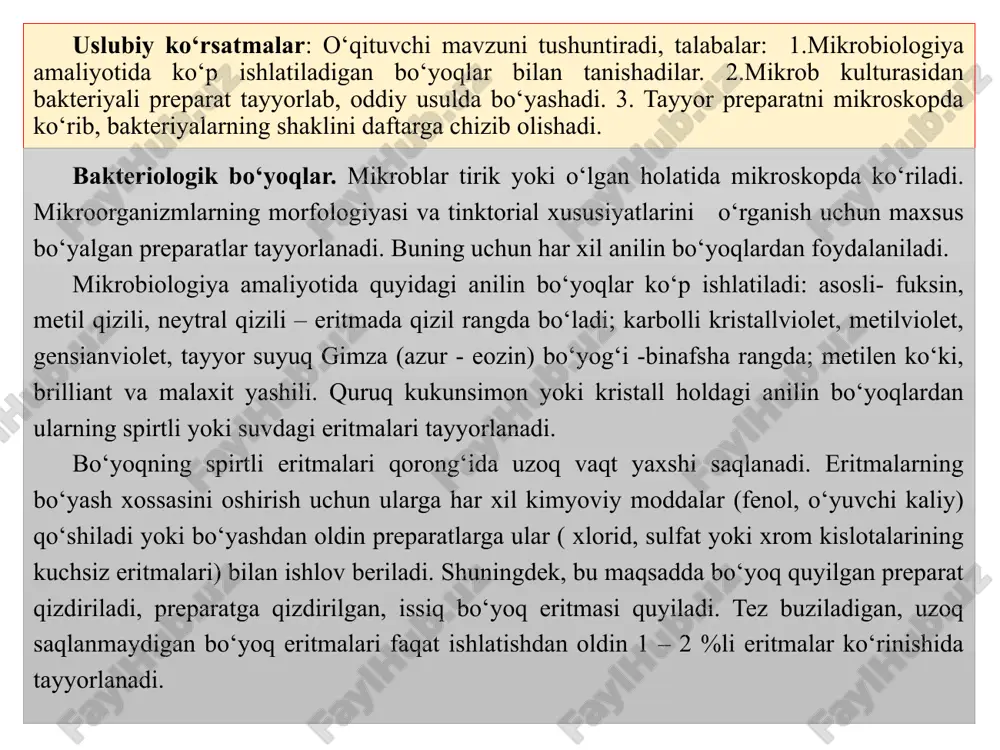 tmalar uchi rezinali pipetka o‘rnatilgan va bo‘yoqning nomini yozib yopishtirib qo‘yilgan shisha idishlariga quyib foydalaniladi. karbolli kristallviolet, metilviolet, gensianviolet. kristallviolet, metilviolet bo‘yog‘i eritmalari tez cho‘kmaga tushadi va preparatni mikroskopda ko‘rganda ular xalaqit beradi. ko‘pincha gensianviolet bo‘yog‘i ishlatiladi, unda preparat bir tekis bo‘yaladi. uning spirtli suvli eritmasini tayyorlash uchun 1 g quruq gensianviolet farfor havonchada 10 ml spirt, bir necha tomchi glitserin va 2% fenol (kristall holda) bilan yaxshi ezib aralashtiriladi va 100 ml distillangan suv qo‘shiladi. eritmani saqlaganda cho‘kma paydo bo‘lishining oldini olish uchun filtr qog‘oz varaqlariga bo‘yoqning to‘yingan spirtli eritmasi shimdiriladi, havoda quritib, kichik o‘lchamlarda qirqiladi, qorong‘i idishda saqlanadi. bo‘yashda preparatga qirqilgan gensianviolet bo‘yog‘i shimdirilgan quruq filtr qog‘oz bo‘lagini qo‘yib ustidan bir necha tomchi distillangan suv tomdiriladi, 2 – 3 daqiqa turadi. metilen ko‘ki eritmasi (ishqorli leffler ko‘ki). eritmani tayyorlash uchun 3 g bo‘yoq 100 ml 960 spirtda uzoq vaqt (3 – 4 oy) eritiladi, so‘ngra 30 ml to‘yingan …