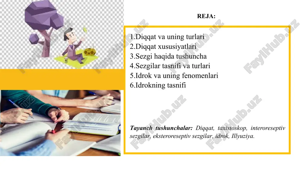 skin susayib, odatdagidek ko‘ra boshlaydi va adaptatsiya hodisasi kechadi. adaptatsiyaning bu ikki turi negativ adaptatsiya deyiladi, negaki, bunda analizatorning sezuvchanligi susayadi. 3. kuchsiz qo‘zg‘atuvchining ta’siri ostida sezgilikning oshishi ham adaptatsiya deyiladi, bu pozitiv adaptatsiya deb ham ataladi. masalan, qorong‘i ko‘p bo‘lishi natijasida ko‘z sezuvchanligi ortadi. sezgilar hosil bo‘lishi uchun quyidagi shartlar bo‘lishi kerak: birinchidan, sezgi a’zolarimizdan birontasiga ta’sir etadigan narsa yoki hodisa bo‘lishi zarur. ikkinchidan, sezuvchi apparat soz bo‘lishi kerak. bu apparat quyidagi qismlardan iborat: 1. sezuvchi organ (retseptor). 2.o‘tkazuvchi yo‘l (afferent nerv). 3. bosh miya po‘stlog‘idagi markaz. 4. miyadan javob impulslarini uzatuvchi yo‘l (efferent nerv). sezgilar aks ettirishning xususiyati va retseptorlarning joylashuviga qarab, ingliz psixologi ch.sherrington ularni uch katta guruhga ajratadi. tashqi olamdagi narsalar va hodisalarning ayrim xususiyatlarini aks ettiruvchi hamda tananing yuza qismida retseptorlari joylashgan eksterioretseptiv sezgilar. masalan, ko‘rish, eshitish, hid va ta’m bilishdan iborat tashqi sezgilar. tananing ichki a’zolarida (o‘pka, yurak, jigar va h.k) va to‘qimalarida joylashgan …