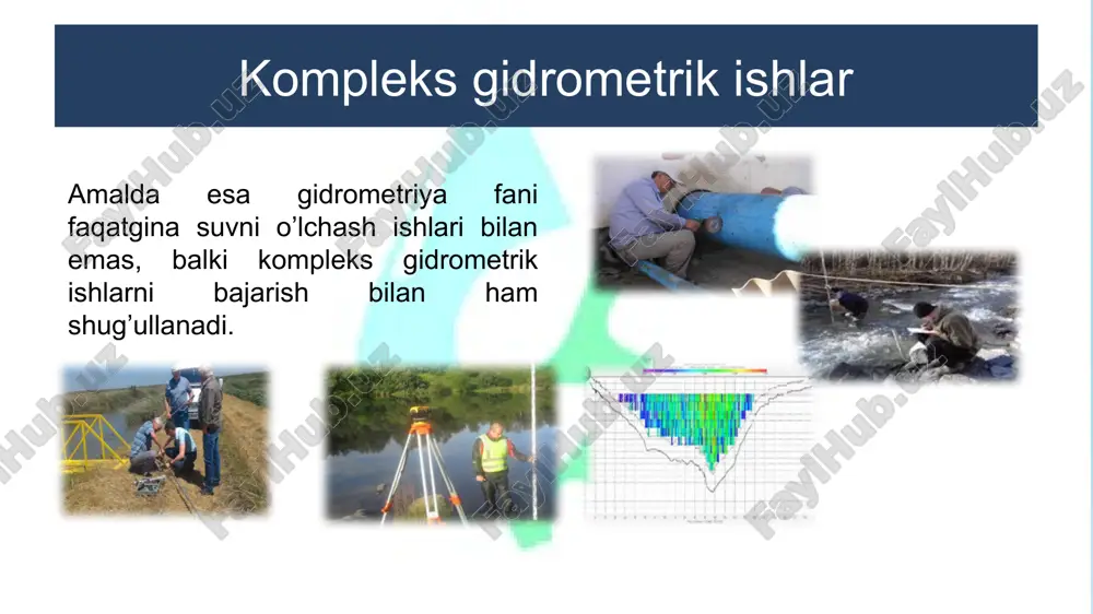 ikki va ba’zan undan ham ko‘p yillarda) o‘lchov va kuzatuv ishlari olib boriladi. bu esa, o‘z navbatida, kerakli gidrologik ma’lumotlarni to‘plashga imkon beradi. izlanishlar natijasida 17 izlanishlar natijasida to‘plangan barcha ma’lumotlar ekspeditsiya hisobotida umumlashtiriladi va ulardan tegishli xulosalar chiqariladi. bu xulosalar asosida o‘rganilayotgan daryo yoki uning irmoqlari suv resruslaridan xalq xo‘jaligida foydalanish bo‘yicha amaliy tavsiyalar beriladi. respublikamizda har yili 18 respublikamizda har yili o‘zgidromet, qishloq va suv xo‘jaligi vazirligi, fanlar akademiyasi va boshqa suv resurslari tadqiqotlari bilan bog‘liq bo‘lgan muassasalarda bir qancha maxsus ekspeditsiyalar tashkil etiladi. ularning har biri o‘zining ma’lum maqsad va vazifalariga ega bo‘ladi. tajriba­laboratoriya usuli 19 tajriba-laboratoriya usuli suvning tabiiy va kimyoviy xossalarini aniqlash, gidrodinamik hodisalarni va boshqa jarayonlarni modellashtirish sharoitida o‘rganish imkonini beradi. tajriba­laboratoriya usuli (davomi) tajribalar loyihalash va boshqa turdagi ilmiy tadqiqot institutlarida maxsus uskunalar va qurilmalar bilan jihozlangan laboratoriyalarda amalga oshiriladi. tajriba­laboratoriya usuli (davomi) bu usul: gidroelektro stansiyalar, to‘g‘onlar, suv omborlari, kanallar va boshqa …