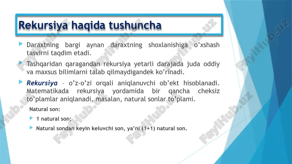ay emas. fib(5) ni hisoblash sxemasi quyidagi daraxat shaklida tasvirlangan: 21 rekursiyaga doir misollar navbatdagi fibanachchi sonini topish undan oldingi ikkita f1 va f2 o’zgaruvchilarda saqlanayotgan sonlarga bog’liq ekanligi ma’lum. oldin f1=1 va f2=0 larni qabul qilib, keyingi fibanachchi sonini hisoblaymiz va uni x o’zgaruvchiga saqlab qo’yyamiz. endi f2 qiymat bizga kerak emas, shuning uchun f1 ni f2 ga va x ni f1 ga nusxalaymiz. int fib2(int n) { int i, f1=1, f2=0, x; for (i=2; i 20) uchun bir necha yuz ming marta (!!!) tez ishlaydi. bundan kelib chiqadiki, qaerda rekursiyasiz masala yechimini olish mumkin bo’lsa, rekursiyani qo’llash tavsiya etilmaydi. 23 adabiyotlar alfred v. axo., djon e. xopkroft, djefri d. ulman. struktura dannix i algoritmi. //ucheb.pos., m.: izd.dom: "vilyams", 2000, — 384 s. adam drozdek. data structures and algorithms in c++. fourth edition. cengage learning, 2013. baknell djulian m. fundamentalnie algoritmi i strukturi dannix v delphi//spb: ooo «diasoftyup», 2003. …