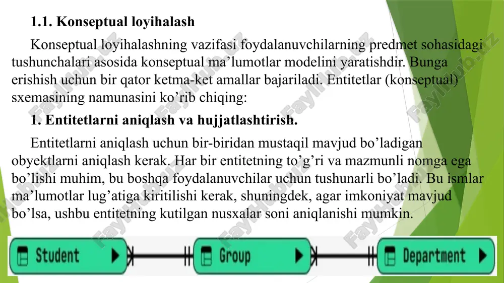 alashning asosiy vazifasi avvalgi bosqichni mantiqiy bog’langan modellarga aylantirishdir, bu biz tanlagan dbms xususiyatlariga bog’liq bo’lmaydi. buning uchun quyidagi amallar qo’llaniladi: bdning mantiqiy sxemalarining namunasi 1. ma’lumotlar modelini tanlash. ma’lumotlar jadval ko’rinishidagi tasviri va ular bilan ishlash qulayligi uchun relatsion/ nerelatsion ma’lumotlar modeli tanlanadi. 2. er-model asosida jadval to’plamlarini aniqlash va hujjatlashtirish. har bir entitet uchun jadval yaratiladi, entitetning nomi jadval nomi bo’ladi. jadval o’rtasida birlamchi va tashqi kalitlar mexanizmi orqali bog’liqliklar o’rnatiladi. jadval tuzilmalari va o’rnatilgan bog’liqliklar ham hujjatlashtirilishi kerak. 3. jadvallarni normallashtirish. biz normallashtirish haqida keyinroq batafsilroq gaplashamiz, lekin loyihalovchi ma’lumotlar semantikasini va ularni ishlatish xususiyatlarini yaxshi tushunishi kerak. jadvallarimizning normallashtirish darajasini tekshirish kerak va agar kerak bo’lsa, ularni uchinchi normal shaklga keltirish kerak. natijada, vertikal va gorizontal ravishda kengaytirib bo’ladigan juda moslashuvchan ma’lumotlar bazasi loyihasi hosil bo’ladi. 4. foydalanuvchilar tomonidan belgilangan barcha tranzaksiyalarni bajarish imkoniyatini mantiqiy ma’lumotlar modelini tekshirish. tranzaksiyalar nima ekanligini oldindan bilasiz va keling bir …