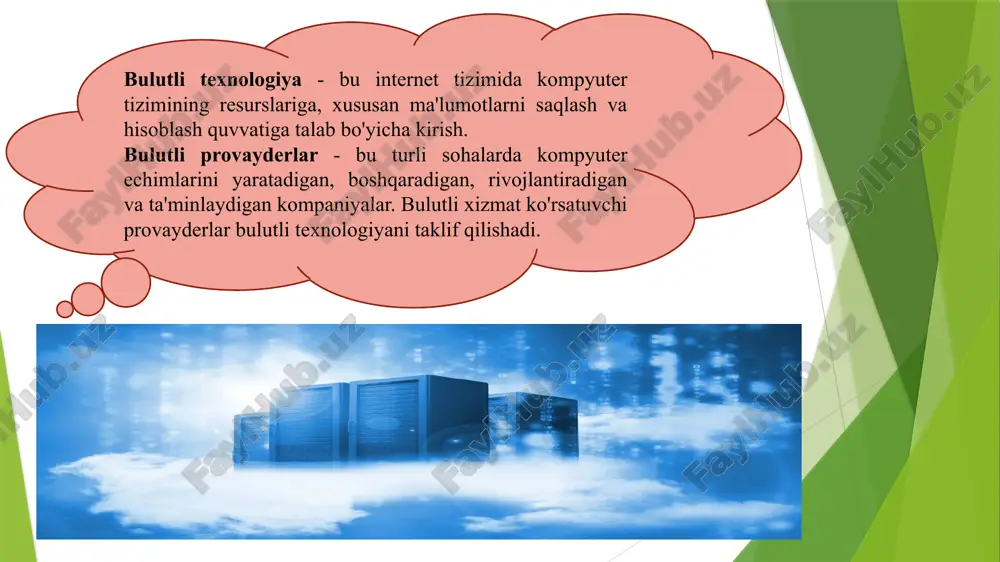 gan ma'lumotlar miqdorida cheklovlarga ega emas. aksariyat hollarda bunday xizmatlar hajmi millionlab gigabaytni tashkil qiladi. yangi bulutli texnologiyalar sizga har doim hujjatlarga kirish huquqini beradi, asosiysi internetning mavjudligi v.h.k. bulut texnologiyalarning noqulayliklari va kamchiliklari internet mavjud bo'lmaganda kirish imkoni bo’lmaydi va agar u bo'lmasa, unda faqat kompyuterga yuklab olingan hujjatlar bilan ishlash mumkin bo'ladi. ta'kidlash joizki, internet tez va sifatli bo'lishi kerak. o'rnatilgan dasturga qaraganda katta hajmdagi ma'lumotlarni uzatishda bulut xizmati asta-sekin ishlashi mumkin. xavfsizlik kamdan-kam hollarda qoniqarsiz bo’lishi mumkin. “bulut” zaxira nusxalarini yaratadi, shuning uchun tashvishlanishga hojat yo'q. bulutli hisoblashning asosiy xususiyatlari bu kattaligik o’zgaruvchanligi va virtuallashuvi. kattaligik o’zgaruvchanligi - bu axborot resurslarining o'zgaruvchan yukiga qarab dinamik ravishda sozlash qobiliyati , masalan, foydalanuvchilar sonini ko'paytirish yoki kamaytirish, malumotlar omborlari yoki hisoblash quvvatining zarur hajmini o'zgartirish. virtuallashuv asosan abstraksiya va inkapsulyatsiyani ta'minlash uchun ishlatiladi (foydalanuvchi uchun qulay interfeysni ta'minlaydigan va shu bilan birga uni amalga oshirishning murakkabligini batafsil yashiradigan tizimni …