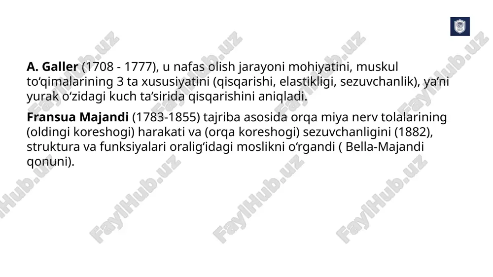 hlari tomonidan ham qo‘llanilgan. r. laennek, duradgorga oxirgi uchi kengaytirilgan duradgor trubkasini (stetoskopni) buyurtma qiladi. bu asbobni qo‘llaganda quloq orqali auskul’tasiya qilingandan ko‘ra aniq va ravon tovushni bergan. auskul’tatsiya sohasidagi ishlarni umumlashtirib, rene “o‘pka, yurak kasalliklarini aniqlashda auskul’tasiya usulining ahamiyati” to‘g‘risida asar yozdi, 1819 yilda nashr etildi. anesteziologiya tarixi: 1800yilda ximik x. devi “azot oksidi” gazi ustidan birinchi tajribani o‘tkazdi. 1842 y k. long umumiy og‘riqsizlantirish usuli asoschisi, umumiy anesteziya maqsadida efir bug‘idan ingalyasiya usulini amalga oshirdi. 1846y boston tish vrachi stomotolog uil’yam morton vrach va aptekar maslahati bilan ular o‘zida o‘tkazgan tajribaga asoslanib, efir narkozidan foydalanib bemorning tishini olib tashladi. djon uoron efir narkozidan foydalanib, o‘smani olib tashlash operasiyasini muvvafaqiyatli amalga oshirdi. xloroformli narkozni djeyms simpson 1847yildan boshlab qo‘llay boshladi. opersiyadan so‘nggi asoratlardan eng ko‘p tarqalganlari yiringlash va sepsis edi. yevropada uzoq asrlar davomida aseptika va antiseptika qoidalarini bilishmagan. o‘rta asrlarda samarqandlik tabib tojiddin hakim xirurgik opresiya jarayonida to‘g‘ralgan …