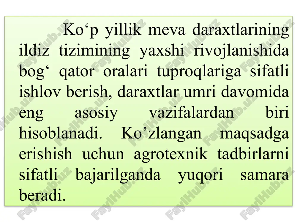 rotlarni chuqur ko‘mib yo‘qotishdir. ag‘darish jarayonida esa, tuproq maydalanib yumshatiladi. plug daraxtlar tanasiga 50 sm dan yaqinroq keltirilmasligi kerak. to‘rt korpusli bog‘bop plugning sxemasi: a -yon ko‘rinishi; b - ust ko‘rinishi; 1 - rama; 2 - korpus; 3 - chimqirqar; 4 - orqa g‘ildirakni sozlash vinti; 5 - yarimo‘q; 6 -dala va shudgor g‘ildiraklari; 7 - tirkagich; 8 - disksimon sharoitga qarab, qatorlar oralig‘i keng bo‘lmasa yoki traktor tortish kuchi yetmaydigan bo‘lsa, oxirgi, to‘rtinchi korpusini yechib qo‘yib, plugni uch korpusli variantda ishlatish mumkin. plug korpusining qismlari, oddiy pluglardagidek, lemex, ag‘dargich, tirak taxtadan iborat bo‘ladi. ular yagona ustunga biriktirilgan. lemexning uchi iskanasimon shaklga ega bo‘lib, abraziv yeylishini kamaytirish maqsadida uning tig‘i maxsus qotishma bilan payvandlangan. korpusning qamrov kengligi 30 sm, to‘rt korpusli variantdagi plugning qamrov kengligi 120 sm. tuproq palaxsasini yetarli ag‘darish shartini bajarish uchun bunday korpus bilan 24 sm chuqurlikkacha yerni haydash mumkin bo‘ladi. bog‘bop plugni daraxtlarga yaqinlatib agregatlash sxemasi: …