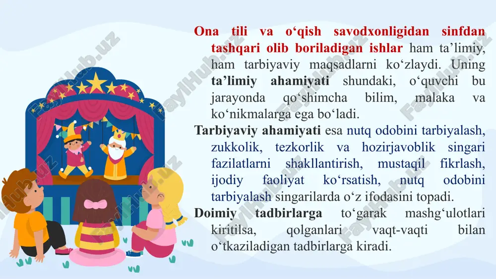 rish muhim o’rin egallaydi. ko’rgazmalar mavzusi xilma-xil bo’lishi mumkin, masalan sinfda ona tili o’qish savodxonligi darslarida bajarilgan ishlar ko’rgazmasi, uyda mustaqil ishlagan yoki to’garaklarda ishlangan ishlar ko’rgazmasi va shu kabilar. ko’rgazmani tomoshabinlar qanday idrok etishlari, ko’rgazmani qanday tashkil etilganligi, qanday bezatilganligini, namunalarning joylashtirishiga bog’liqdir. ko’rgazma estetik didni tarbiyalaydi. to’garaklar to‘garak sinfdan tashqari ishlarning asosiy turi bo‘lib, u o‘quvchilarning doimiy barqaror tarkibi bilan ish ko‘radi; to‘garaklarda yangi mavzu o’tilmaydi, dars jarayonida olingan bilimlar mustahkamlanadi, sinf ishlari tahlil qilinadi; darslikdan tashqari qo‘shimcha adabiyotlardan ham foydalanish mumkin; to‘garakka a’zo bo‘lish ixtiyoriy, ammo uning mashg‘ulotlarida ishtirok etish majburiydir; to‘garak a’zolari 20 tadan oshmasligi lozim; boshlang‘ich sinflarda to‘garak mashg‘ulotlari birinchi sinfning ikkinchi yarim yilligidan boshlanadi. to’garak o’quvchilarga nima beradi? bo’sh vaqtni samarali va mazmunli o’tkazish; tajriba orttirish, malaka oshirish; o’zaro teng muloqotga kirishish; iqtidorini namoyon qilish; sohaga yanada qiziqtira olish, amaliy ko’nikmalarni shakllantirish; ijodkorlik qobiliyatini shakllantirish; ijtimoiy hayotda faolligini ta’minlash; o’ziga ishonchni shakllantirish. to‘garak uchun …