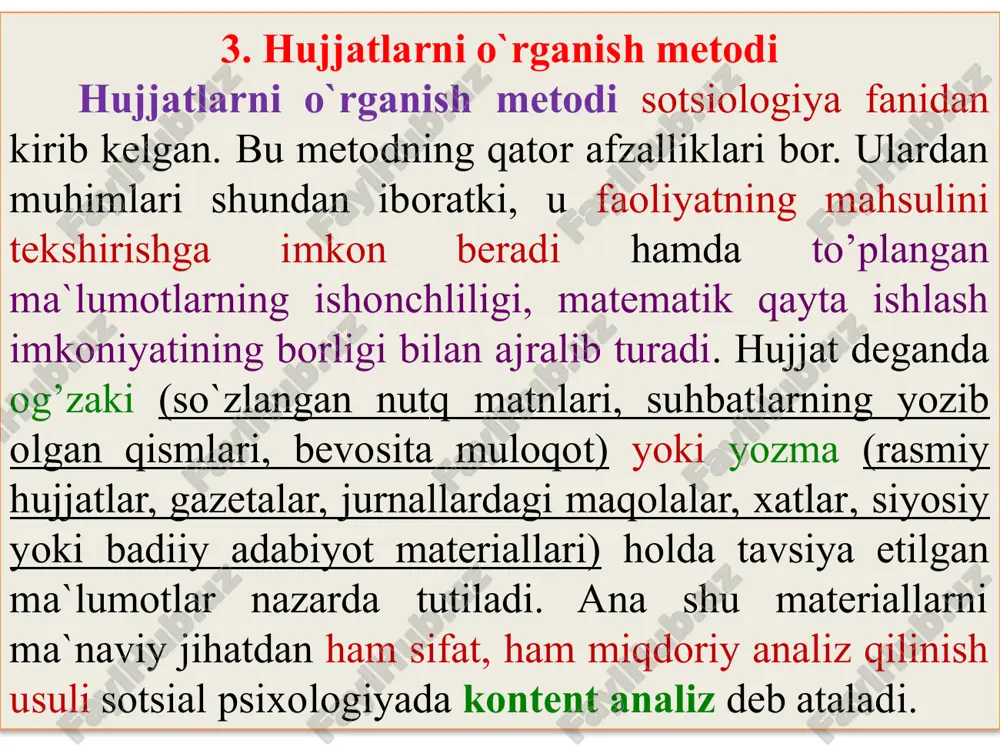 tnni tushunishning mahorati bo’lishi kerak, ikkinchidan, tadqiqot so’ngida qo’lga kiritilgan miqdoriy natijalarni yana qayta sifat shakliga keltirish va tushuntirib berish lozim. 8 3. anketa metodi anketa metodi hammaga tanish bo`lgan usullardan biri. lekin ko`pincha anketani o’tkazgan odam uning tuzilishi qanchalik qiyinligini yoki olingan ma`lumotlarni qayta ishlab, sharxlash qiyinligini tasavvur qilmaydi. anketaga kiritilgan savollarga ko’ra anketa ochiq yoki yopiq turlarga bo`linadi. 9 ochiq anketa respondentdan o`z fikrini bilganicha bayon etishni talab qiladi, yopiq shakldagi anketa savollarning esa javoblari berilgan bo`lib, tekshiriluvchi o`ziga ma`qul bo`lgan, o`zining qarashlari, fikrlari bilan mos bo`lgan javobni belgilab beradi. ochiq savollarning kamchiligi respondentlarning har doim ham qo’yilgan vazifaga yetarli darajada mas`uliyat bilan qaramaganligi hamda yozilgan javoblarni statistik ishlov berishdagi qiyinchiliklar bo`lsa, yopiq anketadan respondentga tekshiriluvchi tomonidan o`z fikriga ergashtirishga o’xshash holat yoki har doim ham hamma savolning barcha javob variantlarini topib bo`lmasligidir. shunday holatlarda respondent yo umuman javob bermasligi yoki tavakkal bir variantni belgilab berishi mumkin. 10 …