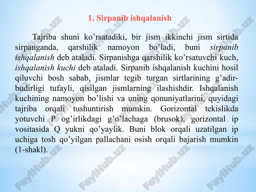 tekislikda og’ir jism yotadi. agar ishqalanish koeffitsienti f ga teng bo’lsa,  burchagining qanday qiymatida jism muvozanatda bo’ladi (4-shakl). yechish: muvozanat sharti quyidagicha bo’ladi: bu yerda f-ishqalanish kuchi. bu yerdan quyidagilarni aniqlaymiz: f=psin, n= pcos. jism muvozanatda bo’lishi uchun quyidagi shart bajarilishi lozim: f  fn yoki psin  pfcos, bu yerdan quyidagini aniqlaymiz: tg  f va   arctgf. 2-shakl 3-shakl a y x p 4-shakl 2. yumalab ishqalanish bir jism ikkinchi jismning sirti bo’ylab yumalasa yoki yumalashga intilganda hosil bo’ladigan qarshilik yumalashdagi ishqalanish deb ataladi, misol tariqasida og’irligi p bo’lgan salmoqli g’ildirak gorizontal tekislikda turadi, g’ildirakning o’qiga gorizontal q kuch qo’yilgan (5-shakl). bu holda g’ildirak bilan tekislikning tegishib turgan nuqtasida normal reaksiya kuchi n va ishqalanish kuchi g’ildirakning tekislik bo’ylab yumalashiga qarshilik ko’rsatadi. ishqalanish kuchi miqdor jihatdan q ga teng bo’lib, unga qarama-qarshi tomonga qarab yo’nalgan. q kuch bilan ishqalanish kuchi f o’zaro juftni tashkil etadi. q …