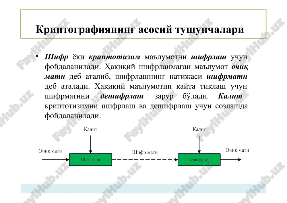 riptografiyada esa jo'natuvchi faqat ochiq matn ko'rinishidagi xabar yuborishi mumkin, bunda u xabarni ochiq tarmoq (masalan, internet) orqali uzatishdan oldin shifrlangan matnga o'zgartiradi. ushbu shifrlangan xabar qabul qiluvchiga kelganida esa yana oddiy matn ko'rinishiga qaytariladi. umumiy holda ma'lumotni shifrlashdan asosiy maqsad (simmetrik yoki ochiq kalitli kriptografik tizimlar asosida farqi yo'q) – ma'lumotni maxfiyligini qolganlardan sir tutishdir. kriptografiya va steganografiya kriptografiyaning asosiy bo'limlari simmetrik kalitli kriptografiya. ma'lumotni shifrlashda va deshifrlashda yagona kalitdan (simmetrik kalitdan) foydalaniladi. shuning uchun ham simmetrik kalitli kriptotizimlarni – bir kalitli kriptotizimlar ham deb yuritiladi. bundan kelib chiqadiki, simmetrik kalitli shifrlash algoritmlaridan foydalanish uchun har ikkala tomonda bir xil kalit mavjud bo'lishi zarur. ochiq kalitli kriptografiya ma'lumotni shifrlash qabul qiluvchining ochiq kaliti bilan amalga oshirilsa, uni deshifrlash qabul qiluvchining shaxsiy kaliti bilan amalga oshiriladi. shuning uchun ham ochiq kalitli kriptotizimlarni – ikki kalitli kriptotizimlar deb ham yuritiladi. kriptografiyaning asosiy bo'limlari 3. xesh funktsiyalar – ma'lumotni xeshlash uning butunligini …