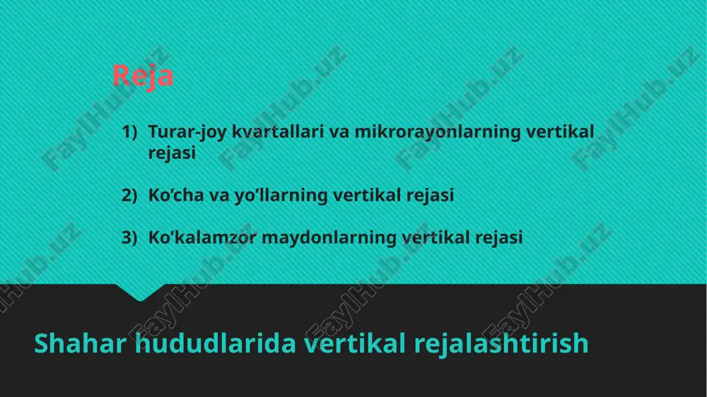 vertikal rejasi relefning turli shakllari kesishmasining vertikal rejasi sxemalari ko’cha va yo’llarning vertikal rejasi maydonlarning vertikal rejalashtirish shakllari: a – biryoqlama qiyalikka ega relef profili; b – huddi shunday, faqat ikki tomonlama; v – huddi shunday, faqat to'rt tomonlama ko’cha va yo’llarning vertikal rejasi veratikal rejalashtirishda eng muhim masalalardan biri ularni bog'lashdir, uning yechimi ko'cha va o'tish joylarining vertikal rejalashtirishidan kelib chiqadi. hisob o'qning qizil belgisi yoki qizil chiziqdan kelib chiqadi. (qizil chiziq trotuarning tashqi tarafidan o'tadi va ko'chani mikrorayon hududidan ajratadi) ko’cha va yo’llarning vertikal rejasi bino burchaklarining qizil belgisi ularni aniqlash vaqtida bort toshining balandligiga bog'liq. bino burchagining qizil belgisi (hq) quyidagicha belgilanadi : hq=h+db∙k + s ∙ ipop bu yerda n- o’tish joyining qizil belgisi, m; db∙k - bort toshining balandligi, m; s ∙ί pop - binogacha bo’lgan qizil chiziqning ko’ndalang qiyaligi hisobiga hududning kengayishi. ko’cha va yo’llarning vertikal rejasi bino burchaklarining balandlik belgilarini aniqlash. bino balandligining …