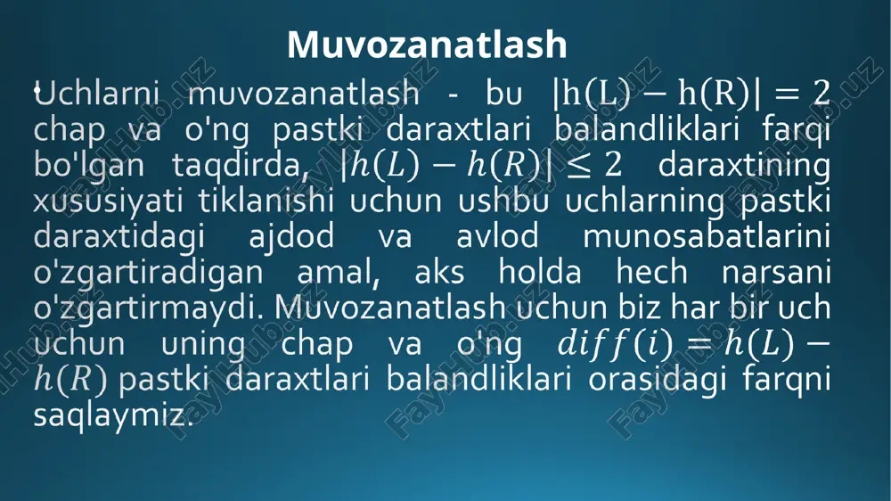 o'ng pastki daraxtini aniqlash muvozanatlashgan daraxtlar 7. ko'rsatkichning qiymatini daraxtning ildiziga o'zgartiring (p) va balans qiymatini tiklang: 8. (*p).bal=0; p=p1; 4-rasm. "yangi" ildizning o'ng pastki daraxtini aniqlash muvozanatlashgan daraxtlar muvonazatlash algortmidan so'ng, avl bo'yicha muvozanatlashgan quyidagi daraxt hosil bo‘ldi: dastlabki daraxt muvozanatlashgan daraxt avl daraxtlarining samaradorligini tahlil qilish n elementni o'z ichiga olgan avl daraxtining balandligini yuqoridan baholaylik. h balandlikdagi avl daraxtini hosil qilish uchun zarur bo'lgan minimal tugunlarni n (h) bilan belgilaymiz. avl daraxtlarining samaradorligini tahlil qilish avl daraxtlarining samaradorligini tahlil qilish fibonachchi ketma-ketligining h –hadi uchun binet formulasidan oltin nisbat avl daraxtlarining samaradorligini tahlil qilish avl daraxtining h (n) balandligi uchun yuqori chegara avl daraxtidan tugunlarni olib tashlash avl daraxtidan barcha tugunlarni olib tashlash tugundan kalit bo’yicha izlash tugun hosil qilish daraxtni ekranda chiqarish daraxtni ekranda chiqarish (davomi) image2.png image2.tmp image4.png image3.tmp image4.tmp image5.tmp image6.tmp image7.tmp image8.tmp image9.tmp image10.tmp image11.tmp image12.tmp image13.tmp image14.tmp image15.tmp image16.tmp image17.tmp image18.tmp image19.tmp …
