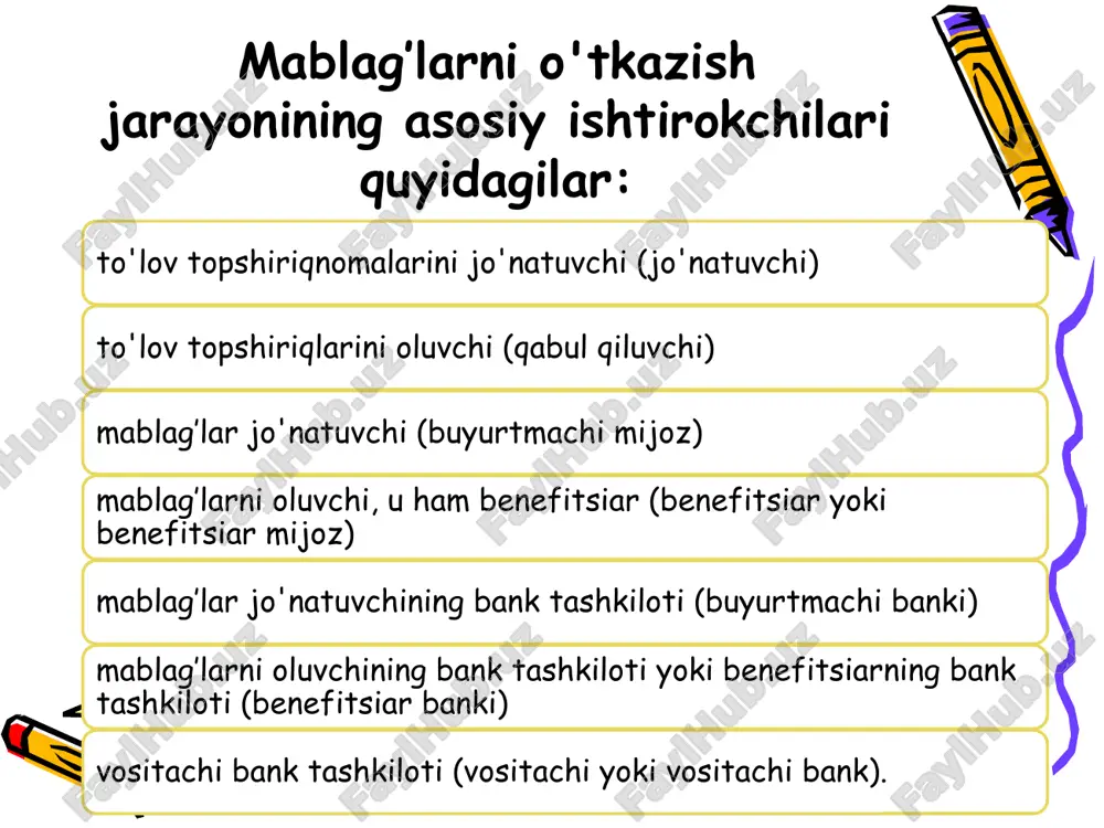 ‘natuvchi bank va benefitsiarning bank tashkiloti o‘rtasida amal qiluvchi telegraf yoki swift kalitlari bo‘lishi kerak. jahon amaliyotida uchinchi bank orqali teleks xabarlarni “kalitlash” usuli ham qo'llaniladi. bu jo'natuvchining to'lov hujjatini ko'rsatishidan iborat bo'lib, o'zi va uchinchi bank tashkiloti o'rtasida amalda bo'lgan, o'z navbatida, pul mablag'larini oluvchining bankida kalitlarga ega bo'lgan telegraf kaliti hisoblanadi. shu bilan birga, jo'natuvchi ushbu uchinchi bankka xabar yuboradi, unda u kalitni boshqa bank uchun ishlatganligi haqida xabar beradi. benefitsiarning banki, o'z navbatida, to'lov “tugallangan” bankka so'rov yuboradi, so'rovda kalitning to'g'riligini tasdiqlash so'rovi mavjud. ijobiy javob olingandan so'ng, to'g'ridan-to'g'ri to'lov topshirig'ini bajarish mumkin. agar autentifikatsiya protsedurasi tugallangan bo'lsa, to'lovni to'lashni kutmasdan to'g'ridan-to'g'ri to'lovni amalga oshirish mumkin. yuboruvchi bank summalar va qiymat sanalarining mos kelishi va to'lovning muvaffaqiyatli yakunlanishi uchun javobgardir. ammo amalda ko'plab banklar birinchi navbatda bo’nak to’langunga qadar kutishadi va shundan keyingina to'g'ridan-to'g'ri to'lovlar amalga oshiriladi. to'lov usullarining afzalliklari va kamchiliklari birinchi usul kamroq vaqt talab …