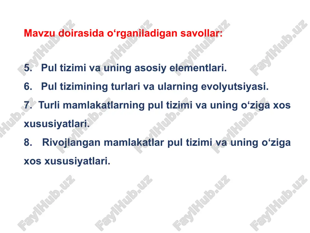 uz berishi mumkin bo‘lgan, ko‘zda tutilmagan holatlardan himoyalanish maqsadida pul jamg‘aradilar; aholi va kompaniyalar pul mablag‘larini kelgusida daromad olish maqsadida aktivlar sotib olish uchun saqlaydi. pul taklifi – bu naqd va naqdsiz ko‘rinishdagi pul mablag‘larining muomlada paydo bo‘lishi bo‘lib, pulning to‘lov vositasi va muomala funksiyalari bilan bog‘liq. muomaladagi pul miqdorini kamaytirish uchun quyidagi choralarni amalga oshirish muhimdir, ular: - iste’mol kreditni rivojlantirish, kreditga qanchalik ko‘p tovar sotilsa, shuncha kam miqdorda pul muomalada kerak bo‘ladi; - naqd pulsiz hisob-kitoblarning rivojlanishi; - pullarning muomala tezligini oshirishga erishish va boshqalar. pul agregatlari va ularga tavsifnoma pul agregatlari – bu pul massasini miqdoriy jihatdan o‘lchashda qo‘llaniladigan ko‘rsatkichlaridir. pul massasi darajasini hisoblashning asosiy tamoyillaridan biri mablag‘larni likvidlilik darajasi hisoblanadi. muomaladagi pulning turlari pul agregatlari bilan guruhlarga ajratiladi. unga ko‘ra muomaladagi mablag‘lar likvidlilik bo‘yicha tasniflanadi, ya’ni dastlab yuqori likvidli mablag‘lar past likvidligiga qarab m1, m2, m3,….mn yoki l agregatlarga ajratiladi. pul agregatlari tarkibi va soni turli …