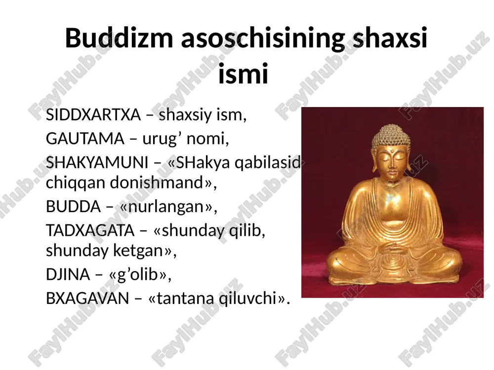 nish (to`g’ri e`tiqod qilish) – buddaning birinchi da`vatida so`z yuritilgan to`rt haqiqatni bilish va unga ishonish; to`g’ri niyat qilish – dunyoviy lazzat-halovatlardan xalos bo`lishga, keraksiz fikrlar va boshqalarga zarar etkazib qo`yishdan saqlanishga intilish; o`zini to`g’ri tutish – o`ziniki bo`lmagan narsaga ko`z olaytirmaslik, ortiqcha hissiyotga berilmaslik; to`g’ri anglash – o`z tanasi va ruhiga o`zini yo`qotib qo`ymaydigan darajada nazoratda bo`lish hamda bunda ehtiroslar va iztiroblarga chek qo`yish; to`g’ri harakat qilish – o`zidagi yomon tuyg’ularni jilovlash hamda ezgu tuyg’ular va harakatlarni rivojlantirish; to`g’ri hayot kechirish – noma`qul hayot tarzidan saqlanish; to`g’ri fikr yuritish – kamolotning to`rt bosqichini ketma-ket bosib o`tish; to`g’ri gapirish – yolg’ondan, tuhmatdan, haqoratdan va befoyda gaplardan saqlanish. donishmandlik bu buddizmning asosiy maqsadi bo`lib, narsalar tabiatini to`g’ri tushunishdan iborat. yuqorida ko`rsatilgan uch amaliyot bosqichini o`tagan inson oxir-oqibat oliy saodatga, ya`ni nirvana holatiga erishadi. nirvana so`zining lug’aviy ma`nosi – «o`chish, so`nish». buddizm keng tarqaldi mil. av. 273-232 yillarda hukmronlik qilgan imperator ashoka …