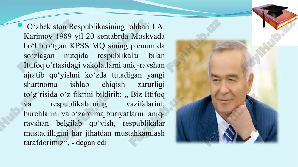 o‘tkazilganligi e’lon qilindi. aslida esa prezident m.s.gorbachyov sog‘-salomat edi, ammo o‘zini himoya qila olmadi. fitnachilar uni mamlakatdan, xalqdan, dunyodan ajratib, barcha aloqa vositalarini uzib, 72 soat qamal qilib qo‘ygan edi. fitnachilar tomonidan mamlakatni idora qilish uchun quyidagi tarkibda sobiq ittifoqda favqulodda holat davlat qo‘mitasi (fhdq) tuzildi. shu tariqa fitnachilar m.s.gorbachyovni noqonuniy yo‘l bilan hokimiyatdan chetlashtirib, o‘zlari hokimiyatni egallab oldilar. fhdq tarkibi o. d. baklanov - sssr mudofaa kengashi raisining birinchi o‘rinbosari, v. a. kryuchkov - sssr davlat xavfsizligi qo‘mitasining raisi, v. s. pavlov - sssr bosh vaziri, b. k. pugo - sssr ichki ishlar vaziri, v. a. starodubsev — sssr dehqonlar uyushmasi raisi, i. tizyakov - sssr sanoat, qurilish, transport va aloqa davlat korxonalari hamda inshootlari uyushmasining prezidenti, d. t. yazov - sssr mudofaa vaziri, g. i. yanayev - sssr prezidenti vazifasini bajaruvchi. qaltis vaziyatda 1991 yil 19 avgustda o‘zbekiston prezidenti i. a. karimov hindistonga qilgan rasmiy tashrifidan qaytib keldi …