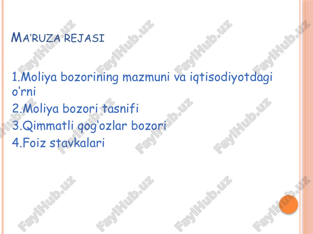 akter bo'yicha emitentlarning manfaatlariga yo'naltirilgan bozor professional institutlar manfaatlariga yo'naltirilgan bozor investorlar manfaatlariga yo'naltirilgan bozor moliyaviy instrument, bu – moliya tizimi va uning tarkibiy bo'g'inlarida qo'llaniladigan moliyaviy vositalar, jumladan, qimmatli qog'ozlar va ularning hosilalaridir. moliyaviy instrument, bu – moliya bozorida moliyaviy resurslarning investorlardan iste'molchilarga tomon va aksincha yo'nalishda harakat qilishini ta'minlovchi vosita hisoblanadi. moliyaviy bozor instrumentlari bank instrumentlari sug'urta instrumentlari valyutaviy instrumentlar qimmatli qog'ozlar instrumentlari investitsiya instrumentlari har bir turiga mos rekviziti, shakli, muddati, soni va narxi moliyaviy instrumentlarning o'ziga xos xususiyatlari monetizatsiyalashgan real bazis bilan ta'minlanganligi har bir turining bozor parametrlari (indikatorlari) har bir turiga mos chiqaruvchilari va ularning instrument bo'yicha shartlar har bir turiga mos maqsad va funktsiyasi, bozori va undagi muomala mexanizmi o'z egalariga kapitalga egalik huquqi bilan birga, boshqa ma'lum qo'shimcha huquqlarni berish moliyaviy instrumentlarning funktsiyalari alohida tovar sifatida muomalada bo'lish investitsion aktiv va jamg'arma sifatida xizmat qilish tavakkalchilik sharoitida kapital bo'yicha daromad olishni, kapitalni qaytarilishini …