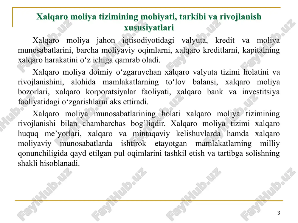 iy funktsiyalari sifatida quyidagilarni koʻrsatish mumkin: valyutalar ayriboshlash va hisob-kitob tizimi shartlarining birxillashuvi; valyuta kurslari rejimlarini tartiblashtirish va valyuta cheklovlarini tartibga solish; xalqaro valyuta likvidligini tartibga solish; kredit, sug’urta, investitsiya va fond operatsiyalari xalqaro qoidalarini birxillashtirish; mazkur funktsiyalarni amalga oshiruvchi va nazorat qiluvchi xalqaro moliya institutlarini tashkil etish. * zamonaviy moliya tizimi iqtisodiy sub’ektlar moliyaviy faoliyatini ta’minlashga yo’naltirilgan moliyaviy vositalar, mexanizmlar va tartiblar-qoidalar, oʻzaro bog’liq va birgalikda faoliyat yurituvchi institutlarning murakkab majmuasini oʻzida ifodalaydi. jahon iqtisodiy tizimining muhim tarkibiy qismi bo’lgan moliya tizimi doimiy oʻzgarish va rivojlanish jarayonida boʻladi. jahon iqtisodiyoti globallashuvining ta’sirini inobatga olgan holda, moliya tizimi rivojlanishining mezoni sifatida quyidagi institutsional oʻzgarishlarni qayd etish lozim: jahon moliya tizimining tranzaktsion xarajatlari hajmi; moliyaviy bozorlar va milliy moliya tizimlarining faoliyati toʻg’risidagi axborotning toʻliqligi; yagona ishlab chiqarish jarayoni doirasida global moliya tizimining faoliyat yuritish tamoyillari va usullarini amalga oshirish. * xalqaro moliya tizimi rivojlanishining quyidagi asosiy xususiyatlarini keltirish mumkin: jahon bozorining …