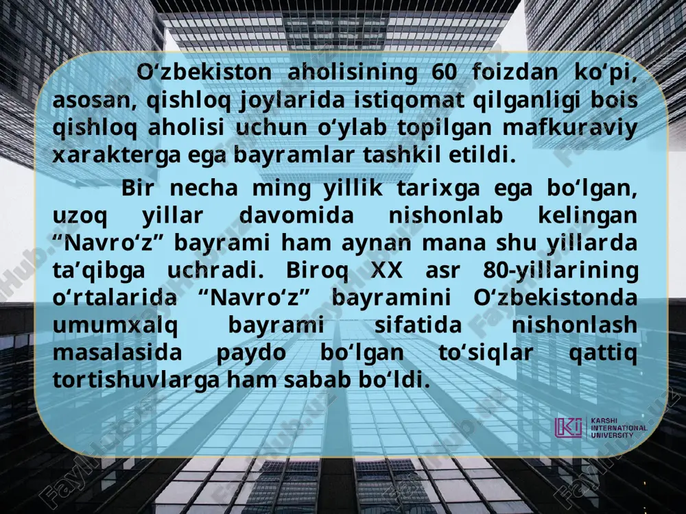 ning mutlaq ko‘pchiligi o‘zbekistonni mustaqil respublika sifatida ko‘rish xohishi borligini namoyon qildi. respublika oliy kengashi 1991-yil 26-avgust kuni o‘zbekiston davlat mustaqilligi to‘g‘risida qonun loyihasini tayyorlash hamda 31-avgustda oliy kengash sessiyasini chaqirishga qaror qildi. m. s. gorbochyov 1991-yil 25-dekabr kuni sssr prezidenti m. gorbachyov davlat boshlig’i vakolatlaridan o’zidan soqit qilinganligi to’g’risida bayonot berdi. vladimir ivanovich (1925-1927) kuprian osipovich (1927-1929) nikolay gikalo (1929) isaak zelenskiy (1929) akmal ikramov (1929-1937) pyotr yakovlev (1937) usmon yusupov (1937-1953) amin niyozov (1953-1955) nuriddin muhitdinov (1955-1957 sobir kamolov (1957-1959) sharof rashidov (1959-1983) inomjon usmonxo'jayev (1983-1988) rafiq nishonov (1988-1989) islom karimov (1989-1991) o'zbekiston ssr rahbarlari (o'zbekiston kommunistik partiyasi birinchi sekretarlari va o'zbekiston ssr prezidenti) islom abdug’aniyevich karimov o’zbekiston respublikasining birinchi prezidenti foydalanilgan adabiyotlar: 1. karimov i.a. yuksak ma’naviyat – yengilmas kuch. – toshkent: ma’naviyat, 2008. 2. karimov i.a. o’zbekiston mustaqillikka erishish ostonasida. – toshkent: o’zbekiston, 2011. 3. mirziyoyev sh. yangi 0‘zbekiston taraqqiyot strategiyasi. to‘ldirilgan ikkinchi nashri. - toshkent: …