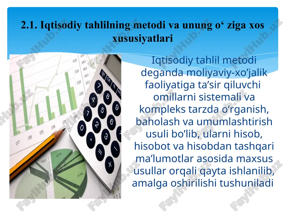 larga ham harab qo‘lllaniladi. masalan, tashqi va ichki omillar, ijtimoiy va individual, tahlil qilinayotgan obyektga bog‘lliq hamda bog’liq bo‘lmagan omillar va hokazo . mutlaq miqdorlar orqali iqtisodiy ko‘rsatkichlarning umumiy hajmi aniqlanadi. nisbiy ko‘rsatkichlar esa biznes-rejaning bajarish darajasini va ishlab chiqarishni rivojlantirish sur’atini belgilaydi. iqtisodiy tahlilda ko’rsatkichlarni o’rganish mutlaq miqdorlardan foydalanish bilan boshlanadi. misol uchun, mahsulot ishlab chiqarish hajmi (natural va qiymat o’lchovlarida), tovar aylanish hajmi, mahsulot ishlab chiqarish tannarxi, yalpi tushum, ishchilar soni va hakozo. nisbiy ko’rsatkichlar bir xil tur va mazmundagi ko’rsatkichlarni o’zaro nisbatini aniqlab foiz, koeffisient, indeks ko’rinishida aks ettirib beradi. mutlaq va nisbiy miqdorlar dinamika metodi. muhim hodisalar, jarayonlarning har birini rivojlanishida, deb qarash kerakligini ko‘rsatadi. demak, bu tahlil qilish jarayonida korxona faoliyati rivojlanayotganda, deb qaraladi va bu bilan uning ishidagi ayrim o‘zgarishlari ochiladi zanjirli bog‘lanish usuli hisob formulasi tarkibiga kirgan o‘tgan yil doirasidagi ayrim olingan miqdoriy ko‘rsatkichlarini aynan shu ko‘rsatkichlarning haqiqatdagi darajasiga ketma-ket almashtiriladi. u yoki …