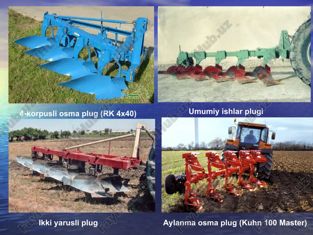 o’zinchoq teshiklar; 6-richag; 7-plug to’sini; 8- bosqich; 9-shtok; 10-ustun; 11-ko’ndalang to’sin; 12- markaziy tortqi ulanadigan teshik. pluglarga oid klaster tuzish pluglar ishlash jarayoniga ko’ra turlari ishchi organlari agregatlanishi lemeh tirkalma osma yarim tirkalma korpus yuza yumshatkich pluglar umumiy ishlarga mo’ljallangan pluglar chimqirqar maxsus pluglar plug yordamchi qismlari ramani ko’tarib- turish mexanizmlar gildiraklar tirkagich yoki osgich pnevmatik ilgakli yassi kurama metal qattiq turg’unli avtomat osgich bir nuqtali osgich mexanik uch nuqtali osgich ikki nuqtali osgich gidravlik rama saklagichdan yakka guruxli darsliklar va o’quv qo’llanmalar ro’yhati asosiy a.xamidov. qishloq xo’jalik mashinalarini loyixalash. toshkent, 1994 m.shoumarova, t.abdillaev. qishloq xo’jaligi mashinalari. toshkent, o’qituvchi, 2002. f.m. mamatov. qishloq xo’jaligi mashinalari. toshkent, fan, 2007. 339 bet. m.shoumarova, t. abdillaev. g’alla kombayni va paxta terish mashinalari. toshkent, 2000 shoumarova m, abdillaev t. qishloq xo’jalik mashinalari. toshkent, o’qituvchi, 2000 ustinov a.n. selskoxozyaystvennie mashini. moskva, urpo, “akademiya” 2000. 264 s. qo’shimcha matjonov r.d. raschet i otsenka kachestva xlopkouborochnix mashin. …