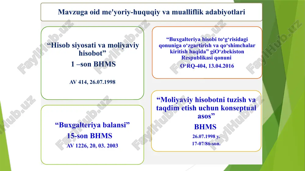 adigan, kelgusida ulardan daromad olish maqsadida avvalgi faoliyat natijasida olingan iqtisodiy resurslardir sub'ektnig majburiyatlari-ni chegirib tashlagandan keyingi aktivlaridir qarzdorning boshqa shaxs (kreditor) foydasiga muayyan ishni amalga oshirish, masalan mol-mulkni topshirish, ishni bajarish, pul to‘lash va boshqa majburiyatlaridir. 12 2. buxgalteriya balansining tuzilishi va mazmuni aktivlar uzoq muddatli aktivlar joriy aktivlar uzoq muddatli bo‘lgan aktivlar (asosiy vositalar, nomoddiy aktivlar, kapital qo‘yilmalar, o‘rnatiladigan asbob uskunalar, uzoq muddatli investisiyalar, uzoq muddatli debitorlik qarzlari) doimiy harakatdagi aktivlar (pul mablag‘lari, debitorlik majburiyatlari va tovar moddiy zaxiralar 13 2. buxgalteriya balansining tuzilishi va mazmuni buxgalteriya balansi passivi o‘z mablag‘lari manbasi majburiyatlar ustav kapitali uzoq muddatli majburiyatlar qo‘shilgan kapital ajratilgan bo‘linmalarga uzoq muddatli qarz rezerv kapitali joriy majburiyatlar sotib olingan xususiy aksiyalar ajratilgan bo‘linmalarga qarz taqsimlanmagan foyda maqsadli tushumlar 14 3. xo‘jalik mablag‘lari va uni tashkil topish manbalari xo‘jalik mablag‘lari ikki qismdan iborat bo‘ladi: uzoq muddatli aktivlar va joriy (aylanma)aktivlar uma- bu uzoq muddatli asosda foydalaniladigan aktivlar, …