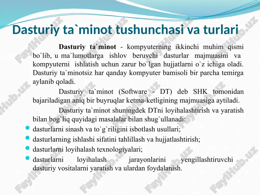 windows 7,8,10) – ko`p foydalanuvchili va ko`p vazifali otdir. - windows ce.net, qnx neutrino va os-9 real vaqtda ishlovchi operatsion tizimlar - asosan avtomatlashtirilgan axborot tizimlarini yaratishda va ulardan foydalanishda, shuningdek texnologik jarayonlarni boshqarishda qo`llaniladi. ko`pincha sanoat komp’yuterlarida ushbu otni uchratish mumkin. - mobil operatsion tizimlar – mobil aloqa vositalari uchun yaratilgan bo`lib, ularga misol qilib anroid-linux, windows mobile, symbian os, palm os, iphone os, black berry otlarini aytishimiz mumkin. fayl tizimi fayl tizimi - ot ning bir qismi bo`lib, uning vazifasi tashqi xotiradagi ma`lumotlarni samarali tashkil etadi va ular bilan ishlashda foydalanuvchiga qulay interfeys tashkil etadi. birinchidan - fayl tizimi orqali ma`lumotlar bo`yicha-tizimli ishlov beruvchi dasturlar bog’lanadilar. ikkinchidan - fayl tizimi orqali disk makoni markazlashgan tarzda taqsimlanadi va ma`lumotlar boshqariladi. uchinchidan - tashqi xotira qurilmalarida joylashtirilgan foydalanuvchilar ma`lumotlariga murojaatni eng sodda usullariga ega bo`ladilar. turli ot larga va tashqi qurilmalarga mo`ljallangan turli fayl tizimlari mavjud, eng keng tarqalganglari fat32, …