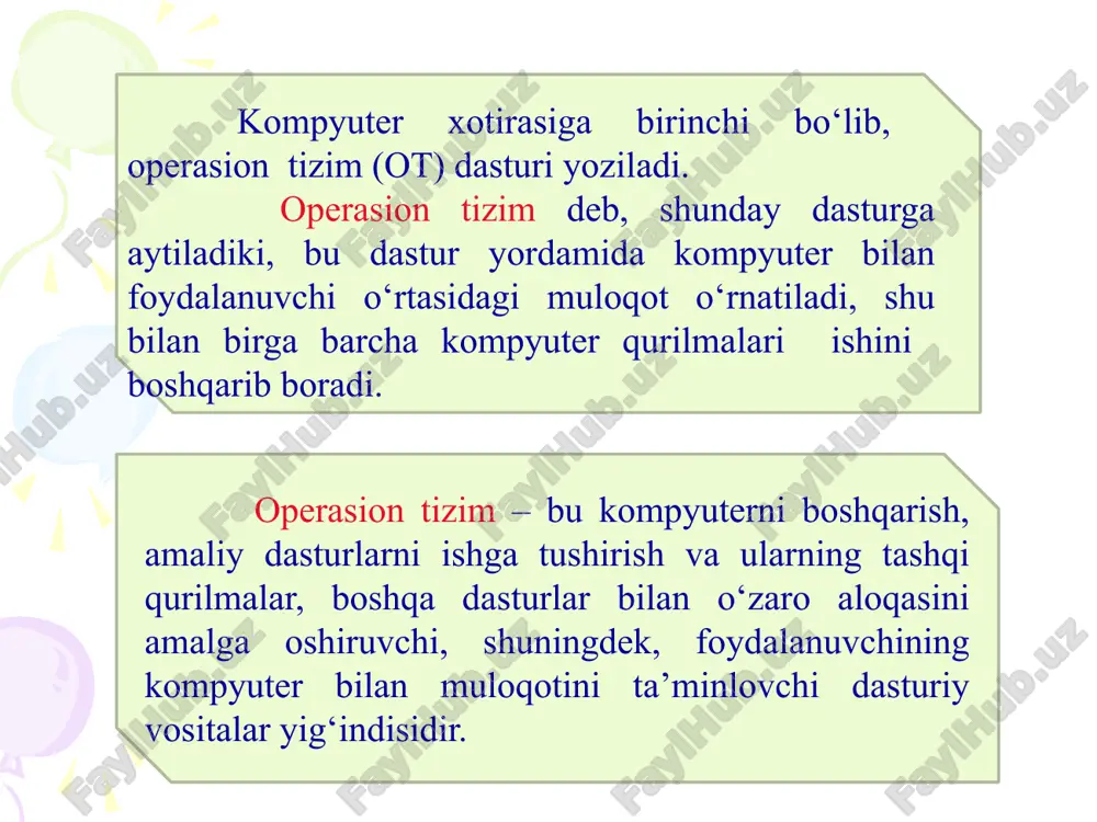 arda unix operatsion tizimi mavjud. foydalanuvchilar operatsion tizim moslashuvchanligi va ta’minoti tufayli unix bilan ishlashadi. linux-operatsion tizimi linux-tez o‘sib borayotgan operatsion tizimlardan biridir. linux 1991 yilda yaratilgan bo‘lib, ko‘p vazifali, mashhur , unix operatsion toifasiga kiruvchi operatsion tizimdir. linux ochiq kodli dasturiy ta’minot bo‘lib, bu kodni o‘zgartirish va qayta taqsimlash uchun taqdim etiladi. ko‘pgina dasturchilar unixning eng yaxshi versiyalarini tayyorlash uchun linuxni o‘zgartirish va qayta taqsimlash ishlarini olib borishgan. aktivatorlarning ochiq kodli dasturiy ta’minotdan foydalanishining ikki asosiy afzalliklari mavjud: dasturiy ta’minotni o‘zgartiruvchilar boshqalar bilan dasturiy ta’minot imkoniyatlarini yaxshilash va foydalanuvchilarning dasturiy ta’minotga bo‘lgan ehtiyojlarini qondirish imkoniyatiga ega bo‘lishadi. windows - bu operatsion tizim (ot), ya’ni maxsus dastur bo‘lib, u inson bilan kompyuter o‘rtasida muloqotni o‘rnatadi hamda kompyuterning barcha qurilmalarining ishini boshqaradi. windows - bu inglizcha so‘z bo‘lib, “oynalar” degan ma’noni anglatadi, ya’ni windows tizimida barcha dasturlar «oyna» ko‘rinishida ishlaydi. windowsning imkoniyatlari. windows operatsion muhiti quyidagi imkoniyatlarga ega: universal grafika - …