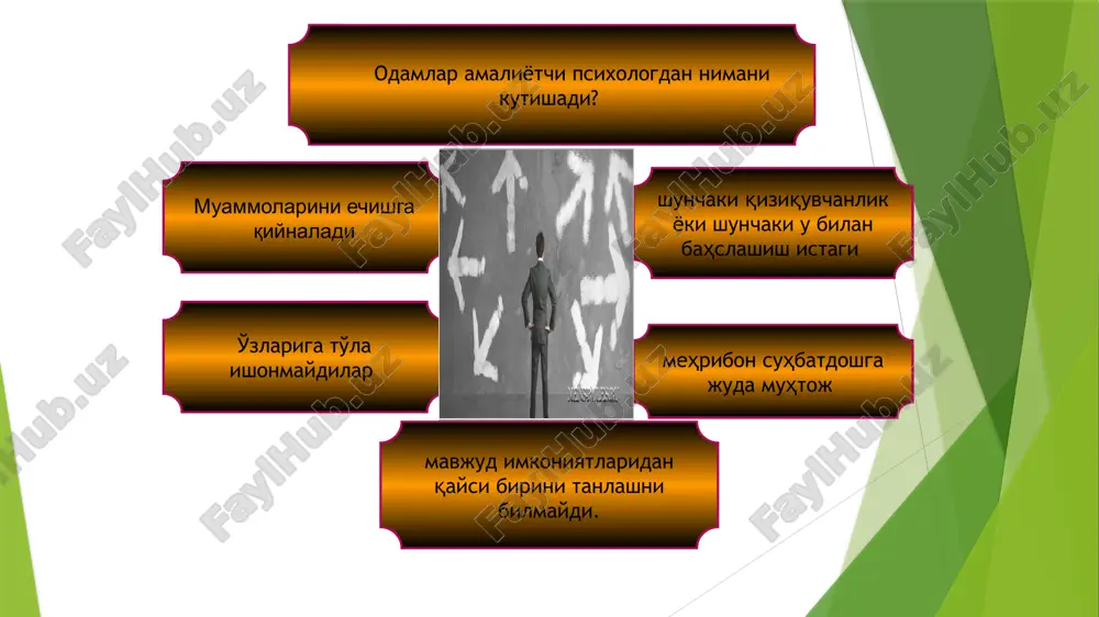 i bu metodikaga nisbatan dastlab 1939 yilda l.frank tomonidan qo'llangan. proektiv metodikalarga xos xususiyat ularda noaniq,mavhum,kam strukturalashgan stimullar beriladi respondent (sinaluvchi) ularni to'ldirishi,interpritatsiya,strukturalashtirishi(shakllantirishi),to'ldirishi kerak bo'ladi. stimullarga ma'no berish,ularni tavsiflash rorshax siyoh dog'lari testi berilgan detallarni oformleniya qilish, qismlardan umumiy tasavvur hosil qilish. dunyo testi u yoki bu voqea hodisalarni tavsiflash, interpritatsiya qilish tat, muayyan ibora,hikoyalarni davom ettirish va tugatish tugallanmagan gaplar metodikasi konstitutsional konstruktsiyalash interpritatsiyalash to'ldirish proektiv metodikalar turlari katarsis metodikasi o'yinli vaziyatlarni hosil qilish. psixodramma, rolli o'yinlar. ekspressiyani tadqiq etish metodikasi erkin mavzuda yoki berilgan mavzu bo'yicha chizish uy odam daraxt,odam,yomg'irda qolgan inson. impressiyani o'rganish metodikalari stimullar orasidan ma'qulini tanlash. m.lyusherning rang proektiv testi proektiv metodikalar rorshax testi 1921 yilda shvetsariyalik olim german rorshax tomonidan yaratilgan. 10 ta jadvaldan iborat bo'lib qora oq,qizil oq,tinch ranglarda ishlangan dunyo metodikasi mutaxasislar tomonidan 200 ta buyumlar beriladi (mashina,bino,hayvonlar va ) bulardan sinaluvchi o'z dunyosini hosil qiladi qo'l testi 1962 yilda e.vagner tomonidan …