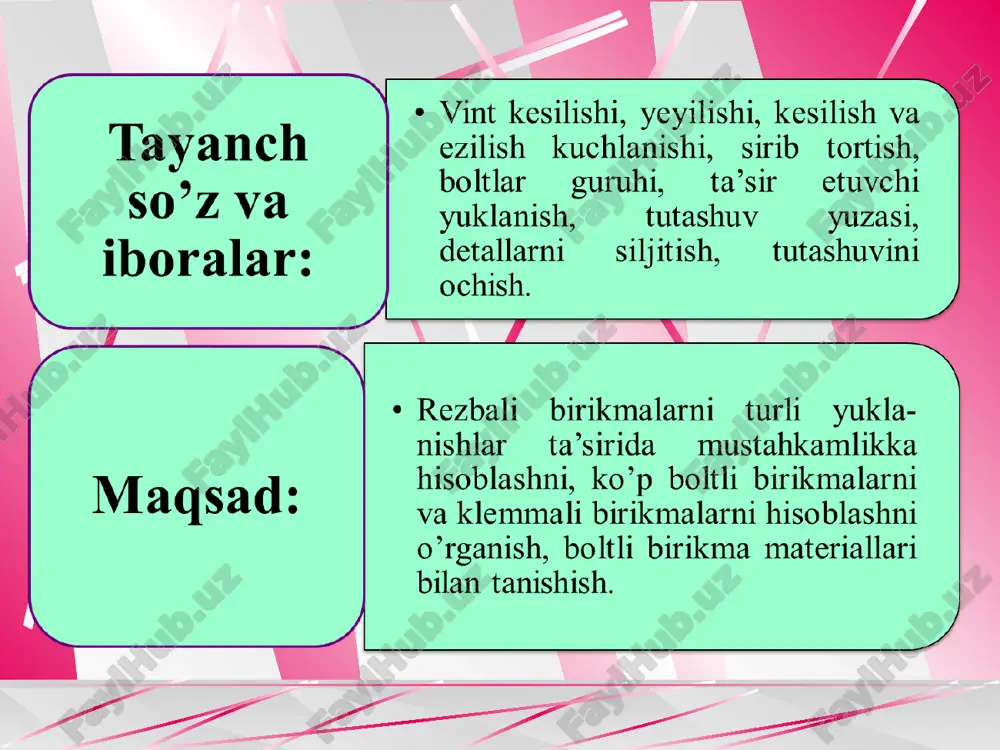 uchun bunday boltni hisoblashda detallarning tutashgan joydagi ishqalanish kuchiga e’tibor berilmaydi. bolt sterjeni kesilishga va ezilishga hisoblanadi. kesuvchi kuchlanish bo’yicha mustahkamlik sharti, 5-rasm. tirqishsiz o’rnatilgan bolt sterjenini hisoblashga oid sxema ezuvchi kuchlanish bo’yicha mustahkamlik sharti: o’rtadagi detal uchun, ikki chetdagi detal uchun, biriktirilgan detallarni suruvchi kuch ta’siridagi boltni hisoblash 4-holat. bolt sirib tortilgan, tashqaridan unga cho’zuvchi kuch ta’sir etadi. bunga bosim ostida bo’ladigan germetik idishlarning qopqog’ini biriktiruvchi boltlar misol bo’la oladi (6-rasm). bunday xildagi birikmalarda (masalan, yuqori bosim ostida bo’ladigan idishlarning qopqog’ini mahkamlash) germetiklik talab etiladi. idish qopqog’iga ta’sir etuvchi bosim bir tekis yoki o’zgarmas va aksincha, o’zgaruvchan bo’lishi mumkin. 1) ta’sir etuvchi kuch (bosim) o’zgarmas bo’lganda: bu yerda, kt=1,3…5,0 - taranglik koeffisienti; g'=r/z - bitta boltga ta’sir etuvchi tashqi yuklanish; χ=0,2...0,3 - yuklanishning bolt o’zagini cho’zishga sarf bo’lgan qismini ko’rsatuvchi koeffisient. 6-rasm 2) ta’sir etuvchi kuch (bosim, yuklanish) o’zgaruvchan bo’lganda birikmadagi o’zgaruvchan kuchlanishlar uchun mustahkamlik zahirasi aniqlanadi va uning …