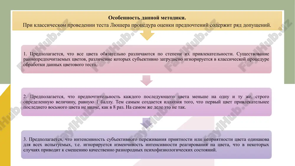 polzovanie testa poparnix sravneniy yu.i. filimonenko na baze dannix testa lyushera mojet bit poleznim dlya bolee detalnogo analiza predpochteniy i psixoemotsionalnogo sostoyaniya lichnosti. test lyushera — eto proektivniy test, kotoriy otsenivaet emotsionalnoe sostoyanie i lichnostnie osobennosti cheloveka na osnove predpochteniy tsveta. vvedenie metoda poparnix sravneniy k dannim lyushera pozvolyaet bolee tochno ranjirovat tsvetovie predpochteniya i viyavlyat skritie patterni, chto mojet dat glubokoe ponimanie vnutrennego sostoyaniya i ustanovok cheloveka. kak sochetat test lyushera i metod poparnix sravneniy 1. sbor dannix po testu lyushera: v klassicheskom teste lyushera respondentu predlagaetsya vibrat tsveta iz nabora, sleduya instruktsii po ix predpochteniyu. v itoge poluchaetsya posledovatelnost, otrajayushaya ego tekushie i ustoychivie emotsionalnie sostoyaniya. kajdiy tsvet v teste lyushera assotsiiruetsya s opredelyonnimi psixoemotsionalnimi kachestvami. naprimer, siniy mojet simvolizirovat spokoystvie, zelyoniy — stabilnost, a krasniy — aktivnost. kak sochetat test lyushera i metod poparnix sravneniy 2. primenenie metoda poparnix sravneniy: vmesto togo, chtobi prosto uporyadochit tsveta, respondentu …
