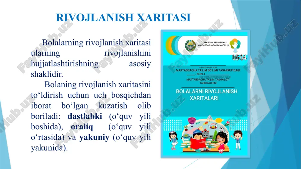 ______________________________________________________________________________________ 2. ______________________________________________________________________________________________ ijtimoiy-hissiy rivojlanish 1. _____________________________________________________________________________________________ 2. ______________________________________________________________________________________________ nutq, muloqot, o‘qish va yozish malakalari 1. ______________________________________________________________________________________________ 2. _____________________________________________________________________________________________ bilish jarayonining rivojlanishi 1. _______________________________________________________________________________________________ 2. ________________________________________________________________________________________________ ijodiy rivojlanish 1. ________________________________________________________________________________________________ 2. ________________________________________________________________________________________________ №2 maqsadlarni aniqlashtirish (yakuniy kuzatishdan so‘ng) kuzatish o‘tkazishda quyidagi tamoyillarga tayanish lozim: • kuzatish bola uchun odatiy sharoitda amalga oshiriladi va bolaga yordam berishga yo‘naltirilgan bo‘ladi; • bola rivoji borasida yanada xolis tasavvur hosil qilish uchun kuzatish kamida ikki hafta (yoki bir oy) mobaynida olib boriladi; • pedagog bola to‘g‘risidagi ma’lumotlarni ota-onalar yoki tashkilotning boshqa xodimlari bilan suhbatlar jarayonida olishi mumkin; • pedagog bolaning moyilliklari, qiziqishlariga, uning muloqot qilish va bilim olish xususiyatlariga e’tibor qaratishi lozim. pedagog (tarbiyachi) bola yutuqlari xaritasini to‘ldiradi va erishilgan natijani tegishli belgi (✔) bilan belgilaydi. kuzatish rivojlanishning barcha sohalari bo‘yicha olib boriladi. agar u yoki bu rivojlanish sohasidagi indikator (kutilayotgan natijalar) «ishlamasa», pedagog (tarbiyachi) “