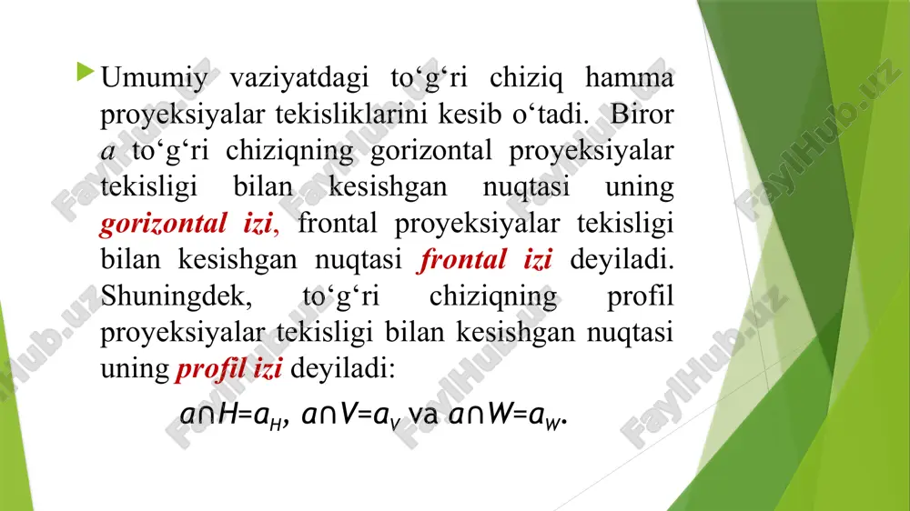 n, rasmda ab(a′b′, a″b″) va ef(e′f′, e″f″) uchrashmas chiziqlar berilgan. bu to‘g‘ri chiziqlar proyeksiyalarining 1″2″ va 3′4′ kesishish nuqtalari fazoda bu to‘g‘ri chiziqlarning har biriga tegishli ikki nuqtaning proyeksiyalari bo‘lmay, aksincha, 1∈ef, 2∈ab va 3∈ef, 4∈ab bo‘ladi. ikki to‘g‘ri chiziqning o‘zaro holati ayqash to‘g‘ri chiziqlar (umumiy nuqtaga ega emas). to‘g‘ri chiziqlarning kesishuv nuqtalarini bog ‘lash chiziqlari turli joylashsa unda ular ayqashdir. a ÷ b nuqta 1 va 2, 3 va 4 – raqobatlashuvchi nuqtalar (konkurent). konkurent nuqtalar– bir bog‘lovchi tog‘ri chiziqda yotgan nuqtalar. to‘g‘ri burchakning o’zgarmasdan proyeksiyalanish xususiyati (to'g'ri burchakning proyeksiyasi) teorema. agar to‘g‘ri burchakning bir tomoni tekislikka parallel bo‘lib, ikkinchi tomoni bu tekislikka perpendikulyar bo‘lmasa, mazkur to‘g‘ri burchak shu tekislikka haqiqiy kattalikda proyeksiyalanadi. shakldagi abc=90o ga teng va uning ikki tomoni h tekislikka parallel vaziyatda joylashgan deb faraz qilamiz. bu vaziyatda uning gorizontal proyeksiyasining qiymati o‘ziga teng bo‘lib proyeksiyalanadi, ya’ni a′b′c′=90o bo‘ladi. to‘g‘ri burchakning bc tomonidan h tekislikka perpendikulyar …