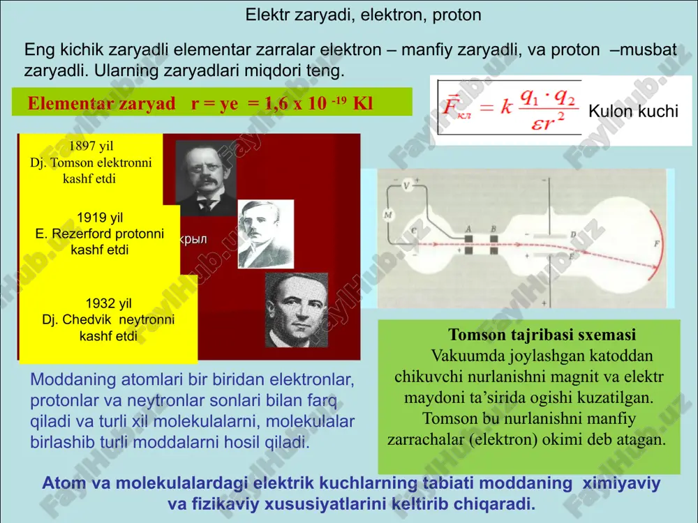 igida o‘tkazgichdan o‘tayotgan elektronlar soni. kuchlanish – zanjirning ikki nuqtasidagi potensiallar farqi. u1 u2 u0 u0 = u1 + u 2 tok kuchi deb vaqt birligida o‘tkazgichning (simning) ko‘ndalang kesimidan o‘tgan zaryad miqdoriga aytiladi tok kuchining o‘lchov birligi qilib amper (a) qabul qilingan. o‘tkazgichdan 1a tok o‘tayotgan bo‘lsa, uning kesimidan xar sekundda 0,6 x10 19 ta elektron o‘tib turgan bo‘ladi. chunki shuncha elektronning zaryadlari qo‘shilib 1 kl bo‘ladi. shu jixatdan o‘tkazgichdan o‘tayotgan tok kuchi ariqdan oqib utayotgan suvga o‘xshaydi. ariqdagi suvni suv molekulalari tashkil qiladi va molekulalar qancha ko‘p bo‘lsa ariqdan oqib o‘tayotgan suv xam shuncha ko‘p bo‘ladi. erkin elektronlar o‘tkazgichning ko‘ndalang kesimi i = q / t ; 1 a = 1kl / 1 s. 2. elektr zanjiri, uning elementlari va parametrlari elektr zanjiri elementlari asosiy elementlar tok manbai iste’molchilar yordamchi elementlar ulovchi simlar, kalitlar, o‘lchov qurilmalari, saqlagichlar va xokazo. o‘zgarmas elektr tokining kimyoviy manbalari birinchi tok manbaini italyalik …