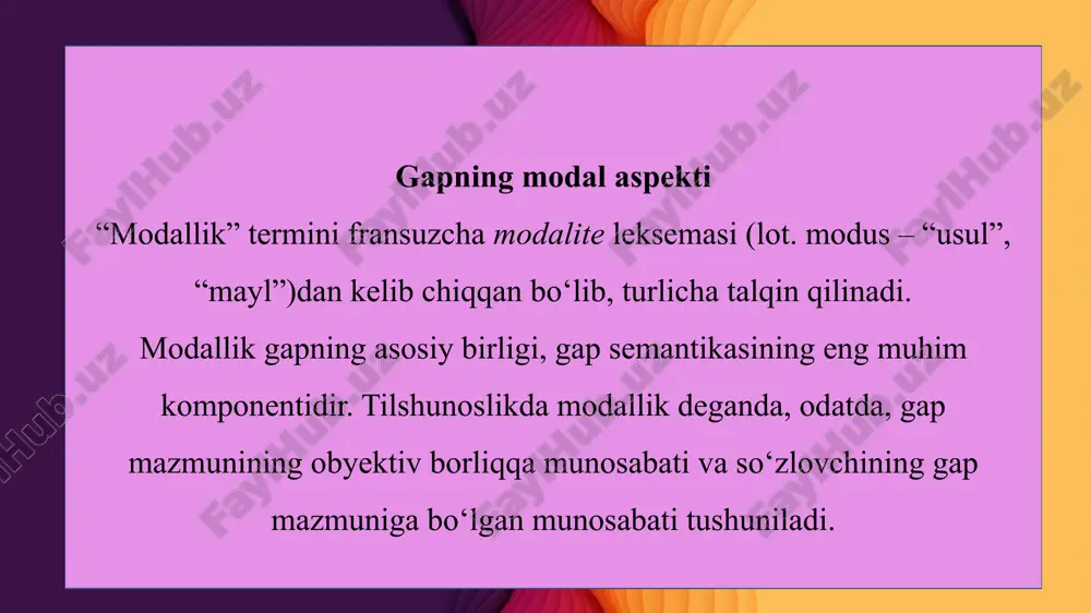 lan sen yaxshimiding? 2 rost-a, men qizg‘a achinaman, bechora kelib-kelib kimniki bo‘ldi-ya!... 3 uch choynak choyning nima keragi bor edi? 4 shaharda otish bo‘lg‘an ekan, daydi o‘q tekgandur, yo armanilar otib ketkandur, - deb javob berdi 5 qatig‘ingiz qayerda? - qayerda bo‘lar edi, havlida. 6 ha, ivirsimay o‘lsin, qishloqi, - dedi u. – namozshom bo‘lganda bozordan qaytayotir… modallik predikativlikka nisabatan keng tushuncha predikativlik faqat gap sathi uchun xarakterli modallik gap bo‘lmagan qurilma (m-n, so‘z birikmasi) uchun ham xos masalan: predikativlik va modallik v.g.admoni modallikni ikkiga – gapga xos bo‘lgan modallik, so‘z birikmasiga xos modallikkka bo‘ladi. ikkinchidan, gap sathida qaralayotgan modallik predikativlikning tarkibiy elementidir. predikativlik gap orqali ifodalanadigan axborotning obyektiv reallikka munosabatini yoki so‘zlovchining gap mazmuniga munosabatini bildiradi. har ikki turdagi modallikda ham subyektivlik belgisi alohida o‘rin tutadi mantiqiy va grammatik modallik image2.png image3.png image4.png image5.png image6.png image7.png image8.png image9.png image10.jpeg image11.png image12.png image13.png image14.png image1.png
