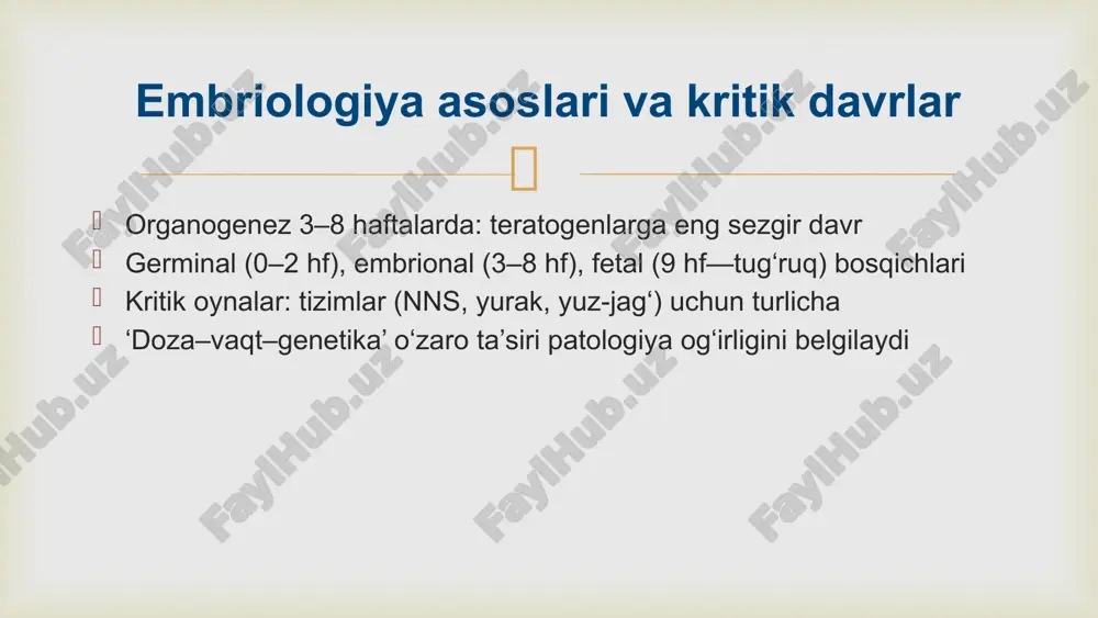 yoshi/usg topilmalari bilan riskni stratifikatsiya ijobiy skrining → invaziv test bilan tasdiqlash (cvs/amnio) biokimyoviy skrining (trimestrlar bo‘yicha)  folat qo‘shimchasi: konsepsiyadan oldin va 1-trimestrda vaksinalar: rubella/varicella immunizatsiya (homiladorlikdan avval) onalik diabeti va qalqonsimon bez kasalliklarini nazorat qilish dori xavfsizligi: zarur bo‘lsa, xavfi past muqobillar profilaktika: asosiy yo‘nalishlar  intrauterin aralashuvlar (tanlangan hollarda) qachon va qayerda tug‘ish: yuqori darajali markazlar neonatologiya, jarrohlik va reanimatsiya bilan tayyor turish ko‘p tarmoqli kengashlar va yo‘l xaritasi boshqaruv: homila va ona uchun strategiyalar  axborotli rozilik va oilaviy maslahat kasalxona ichida psixologik qo‘llab-quvvatlash mahalliy qonunchilik va sog‘liqni saqlash protokollari madaniy qadriyatlarni hurmat qilgan holda qaror qabul qilish etik, psixologik va huquqiy jihatlar  rivojlanish patologiyalari ko‘p omilli; erta skrining muhim homiladorlikdan oldingi tayyorgarlik va sog‘lom turmush – asosiy profilaktika ko‘p tarmoqli yondashuv natijani yaxshilaydi tavsiya etiladigan manbalar: who, acog, rcog, cdc, embryology teratologiya darsliklari xulosa va tavsiya etiladigan adabiyotlar  image3.png image4.jpeg /docprops/thumbnail.jpeg