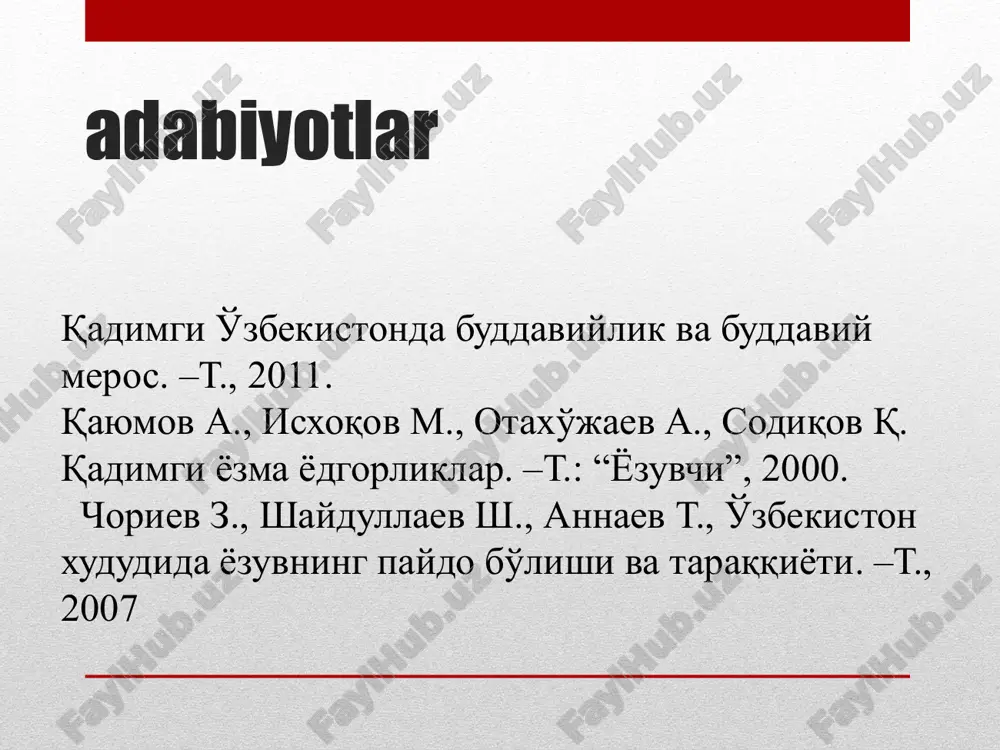. kushonlarda ham kanishka milodiy 2 asrning birinchi yarmida grek yozuvini baqtriya yozuvi bilan almashtiradi. qadimgi xorazmning ijtimoiy –iqtisodiy hayoti hozirgacha kam o‘rganilgan. u davrga oid ba’zi ma’lumotlarni tangalar va tuproqqa’adan topilgan arxiv ma’lumot beradi. u b.a.livsich tomonidan o‘qilgan. 1948-1949- yillarda teri va yog‘ochga yozilgan 140 ta hujjat chiqib, ulardan 26 tasi saqlanib qolgan tuproqqal’a yodgorligi qadimgi xorazm davlatining oromiy yozuvi asosida shakllangan o‘z yozuvi bo‘lgan. bu yozuv o‘rta osiyo xududida shakllangan eng qadimiy yozuv turiga kirib u dastlab mil. avv. vi asrga oid oyburqal’a yodgorligidan topilgan. xorazm alifbosi 20 undosh harfdan iborat bo‘lgan. qisqa unlilar ifodalanmagan xorazm tarxiga oid yozuvlar tuproqqal’a , qo’yqirilganqal’a , qal’aliqir 2 , to’qqal’a dan topilgan . qadimgi xorazm davlatining poytaxti masalasi ham bugungi kunga kelib yanada oydinlashtirildi. xx asrning 80-yil oxirlarigacha poytaxt shaxar tuproqqal’a shaxri deb kelingan edi. lekin 2000- yillarda oqchaxonqal’ada olib borilgan arxeologik tadqiqotlar qadimgi xorazmning poytaxti oqchaxonqal’a yodgorligi ekanligi isbotlandi. aqchaxonqal’a …
