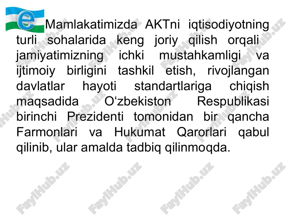 ni sifat jihatidan boshqacha tashkil etish va boshqarish hamdir. 10 davlat tashkilotlarini real vaqt - onlayn tizimiga ulash davlat sektori va fuqarolar o‘rtasidagi yagona elektron vosita bilan ta’minlash, o‘zbekiston respublikasi zamonaviy axborot asriga kirishga jiddiy maqsadlar qo‘yayotganligini ko‘rsatadi. aktni davlat boshqaruviga kiritishga katta e’tibor qaratilganligini hisobga olib, davlat hukumati tomonidan 2003-2010 yillarda davlat boshqaruvida elektron texnologiyalarni joriy etish dasturi tayyorlangan edi. ushbu dastur davlat boshqaruvida elektron hujjatlar aylanishini keng targ‘ib qilish, fuqarolarga ko‘rsatilayotgan xizmatlar darajasini yaxshilash va hukumat tomonidan qabul qilinayotgan qaror va qonunlarni oshkoraligini ta’minlash chora-tadbirlari to‘g‘risidadir. birinchi bosqichda davlat boshqaruv organlarida davlat xizmatlari haqidagi ma’lumotlar (jumladan mansabdor shaxslarning qabul vaqti, xizmat telefonlari) joylashtirilgan veb sahifalari ochiladi. ikkinchi bosqichda ma’lumotlarni to‘liq jamlagan davlat organlarini qidirish imkoniyatini beradigan ma’lumotlar bazasi to‘zilib, qilingan murojaatlarga elektron pochta orqali javob berilishini ta’minlaydi. ular fuqarolarni davlat portaliga kirib, bir qator “interaktiv xizmatlar” orqali turli shakllarni to‘ldirish imkonini ko‘rsatadi. uchinchi bosqichda moliyaviy va huquqiy xizmatlar …