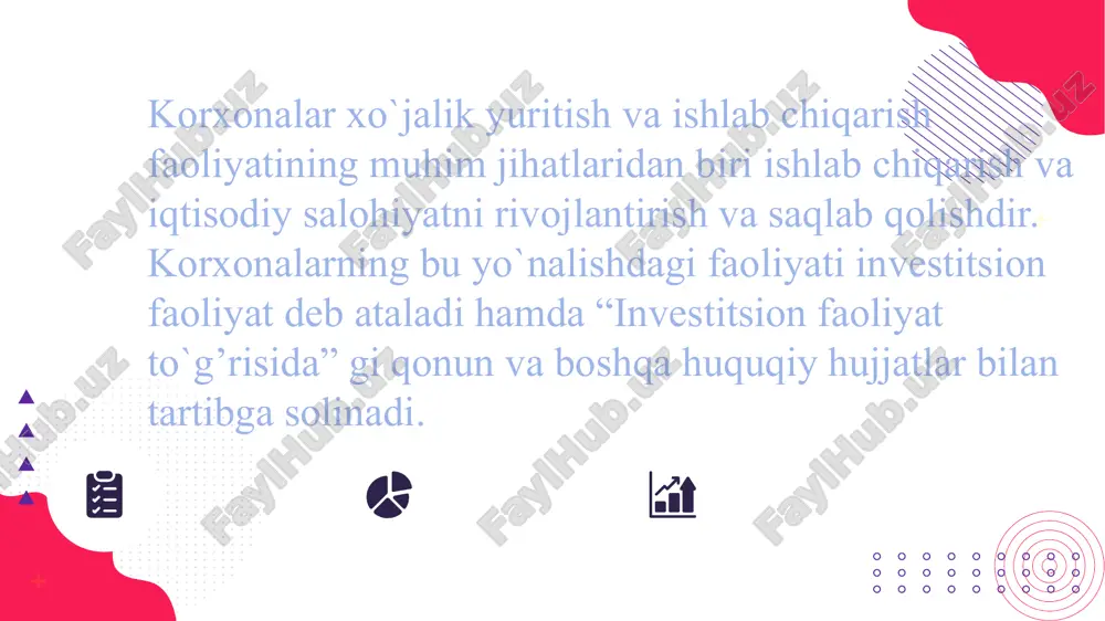 oyda, amortizatsiya fondi va kredit resurslari. rejalashtirish va boshqaruv tizimida shuningdek, investitsiya manbalarini aniqlashning ichki va tashqi turlaridan ham foydalaniladi. investitsiyalarning ichki manabalari quyidagilar: * ishlab turgan asosiy kapitalga hisoblanuvchi amortizatsiya ajratmalari natijasida shakllanuvchi, korxonaning o`z moliyaviy vositalari; * foydaning investitsiya ehtiyojlariga ajratiluvchi qismi; * sug’urta kompaniyalari va muassasalari tomonidan tabiiy ofat va boshqa hodisalarda to`lanuvchi mablag’lar; * korxonaning aksiyalar chiqarishi va sotishi natijasida olinuvchi mablag’lar; * yuqori turuvchi va boshqa idoralar tomonidan qaytarib bermaslik asosida ajratiluvchi mablag’lar; * xayriya va shu kabi boshqa mablag’lar. 01 02 03 04 investitsiyalarning tashqi manbalari quyidagilar: * markaziy va mahalliy byudjetdan, tadbirkorlikni qo`llab-quvvatlovchi turli xil fondlar tomonidan ajratiluvchi qaytarib bermaslik asosidagi mablag’lar; * korxonalar nizom jamg’armasida moliyaviy yoki boshqa moddiy va nomoddiy ishtirok shaklida, shuningdek, xalqaro moliya institutlari va alohida shaxslarning to`g’ridan-to`g’ri qo`yilmalari shaklida kiritiluvchi xorijiy investitsiyalar; * davlat va turli xil fondlar tomonidan qaytarib berish sharti bilan beriluvchi kreditlar, jumladan imtiyozli kreditlar. …