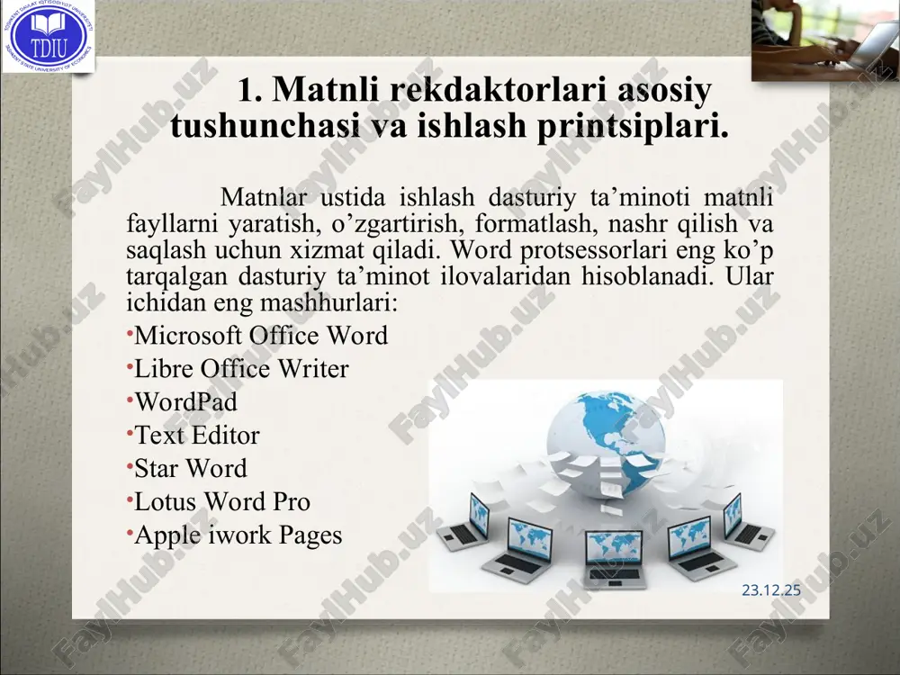 nziya gpl * akelpad vid glavnogo okna akelpad 4.4.3 tip tekstoviy redaktor razrabotchik aleksey kuznetsov (2003-2006) shengalts aleksandr (2006 - po nashi dni) napisana na c operatsionnayasistema microsoft windows yazikiinterfeysa multiyazichnaya (20yazikovix paketov) perviy vipusk 12 avgusta 2003 goda apparatnayaplatforma pc (x86/x64[1]) poslednyayaversiya 4.8.0 (19 noyabrya 2012 goda) sostoyanie aktivno razvivaetsya litsenziya bsd sayt akelpad.sourceforge.net/ru * tekstoviy protsessor openoffice * apache openoffice - bu ochiq kodli ofis dasturiy ta'minoti to'plami, bu ibm lotus symphony dasturlar to'plamiga asoslangan bo'lib, kengaytmalar, shablonlar, tijorat yordamini o'z ichiga oladi. bu microsoft office va libreoffice bilan mos keladi bu microsoft word va wordperfect hujjatlari, microsoft excel va lotus 1-2-3 jadvallari va microsoft powerpoint va apple keynote taqdimotlari bilan mos keladi. faylning asosiy formati opendocument format (odf) bo'lib, u libreoffice dasturida ham qo'llaniladi c ++ va java dasturlash tillarida yozilgan apache openoffice - bu 64 bitli va 32 bitli arxitekturada ishlaydigan linux, windows va mac os …