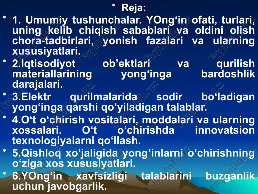 iatsiyasi ta'sirida parlanib ketmoqda nima uchun tuproqda namlik keskin kamaygan. nima uchun nima uchun? chizmasi mn ko‘p hollarda yonish yonuvchi modda zarrachalarining nurlanishi bilan birga kechadi. yong‘in hosil bo‘lishi va davom etishi uchun yonuvchi modda (qattiq, suyuq yoki gazsimon), oksidlovchi modda (oddiy sharoitda oksidlovchi modda vazifasini havodagi kislorod o‘tashi mumkin) va yondiruvchi manba (uchqun, ochiq alanga va cho‘g‘langan narsa) mavjud bo‘lishi kerak. shuni aytish kerakki, havodagi kislorod miqdori 15% dan yuqori bo‘lgandagina oksidlovchi vazifasini bajara oladi, undan past konsentratsiyada esa yonish sodir bo‘lmaydi. bundan tashqari, oksidlovchi modda vazifasini tegishli sharoitlarda xlor, brom, kaliy va boshqa moddalar ham o‘tashi mumkin. portlash ballonning sifatsizligi korroziya nima uchun zarba nima uch un nima uchun xarorat nima uchun ballonning elektrlanishi nima uchun nima uchun? chizmasi mn gaz tsvet ballona tsvet nadpisi tsvet polosi primer azot chyorniy jyoltiy korichneviy azot ammiak jyoltiy chyorniy — ammiak argon siroy chyorniy beliy beliy argon siroy argon texnicheskiy chyorniy …