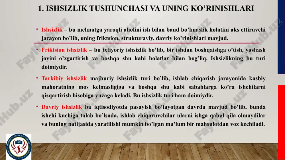 rajadan ortiq, ayrim hollarda undan past ham bo’lishi mumkin. (ish vaqtidan ortiqcha ishlash va o’rindoshlik ishlarida band bo’lish natijasida). ikkinchidan, ishsizlikning tabiiy darajasi o’z - o’zicha doimiy miqdor hisoblanishi shart emas, u tartibdagi o’zgarishlar (qonunlar va jamiyat urf–odatlaridagi o’zgarishlar) oqibatida o’zgarib turishi mumkin. masalan, xx asrning 60–yillarida friktsion va tarkibiy ishsizlarning muqarrar darajasi ishchi kuchining 4% ni tashkil qildi deb hisoblangan. boshqacha aytganda, ishchi kuchining 96% band bo’lganda to’liq bandlilikga erishilishi tan olingan. hozirgi davrda iqtisodchilar ishsizlikning tabiiy darajasi taxminan 5 - 6% ga teng deb hisoblaydilar. 2. ishsizlik sabablari hozirgi sharoitdagi ishsizlik–bozor munosabatlarini shakllantirish jarayonida rivojlanish bosqichlari oqibatida yuzaga kelgan voqelikdir. jamiyat holatining ijtimoiy-iqtisodiy mezoni sifatida ishsizlikka munosabat vaqt o’tishi bilan o’zgardi, biroq ishsizlik keltirgan zarar mamlakatni iqtisodiy rivojlanishida sezilarli ortda qolishiga olib keladi. iqtisodiy faollikni oshishi yoki pasayishi mamlakatdagi bandlik va ishsizlik darajasini o’sish hamda pasayishining asosiy sabablari hisoblanadi. iqtisodiyotning davriy rivojlanishi va iqtisodiy faollikning bir necha yillar …