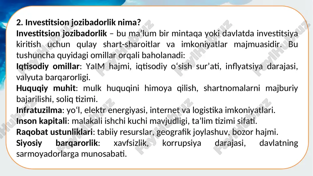 maxsus iqtisodiy zonaning ishtirokchilari va investitsiya loyihalari to'g'risidagi ma'lumotlarni o'z ichiga olgan ma'lumotlarning axborot bazasi o'zbekiston respublikasining 17.02.2020 yildagi o'rq-604-son «maxsus iqtisodiy zonalar» to'g'risida”gi qonuniga asosan: (11 ta bob, 48 ta modda) maxsus iqtisodiy zona — tegishli hududni jadal ijtimoiy-iqtisodiy rivojlantirish uchun chet el investitsiyalari va mahalliy investitsiyalarni, yuqori texnologiyalar hamda boshqaruv tajribasini jalb etish maqsadida maxsus ajratilgan, belgilangan chegaralarga va maxsus huquqiy rejimga ega bo'lgan hudud maxsus iqtisodiy zonaning bosh rejasi — maxsus iqtisodiy zonaning ma'muriy kengashi yoki maxsus sanoat zonasini boshqaruvchi kompaniya tomonidan tasdiqlangan loyiha hujjati bo'lib, uning asosida maxsus iqtisodiy zona hududini rejalashtirish, qurish, rekonstruktsiya qilish va shaharsozlik jihatidan o'zlashtirishning boshqa turlari amalga oshiriladi toshkent shahri toshkent viloyati namangan viloyati viloyati andijon viloyati farg’ona viloyati jizzax viloyati samarqand viloyati surxondaryo viloyati qashqadaryo viloyati buxoro viloyati xorazm viloyati navoiy viloyati sidaryo viloyati qoraqalpog’iston respublikasi erkin iqtisodiy zonalar kichik sanoat zonalar klasterlar eihni hududiy-xo'jalik jihatidan ham qadimiy, ham zamonaviy …