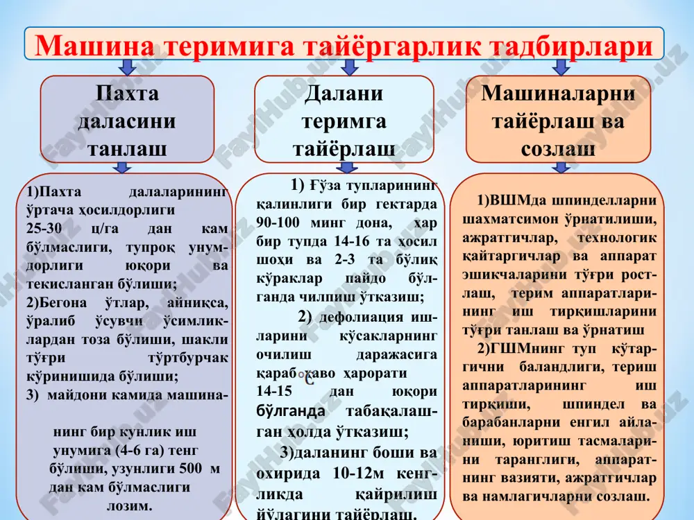 eys-2022 turi yarimosma o'ziyurar apparatlarning joylashishi tandem front traktor rusumi ttz-80.11 - qatorlar oralig'i, sm 90 90 qamrov kengligi,m 1,8 1,8 teriladigan qatorlar soni 2 2 ish unumdorligi 1 soat asosiy vaqtda,ga/s -birinchi terimda 0,76 0,97 -ikkinchi terimda 0,92 1,15 1soat ekspluatatsiya vaqtida, ga/s: -birinchi terimda 0,48 0,60 -ikkinchi terimda 0,57 090 talab etiladigan quvvat, kvt 35/38 117,6 solishtirma yonilg'i sarfi, kg/ga -birinchi terimda 18,0 22,0 -ikkinchi terimda 16,5 17,6 g'ildiraklar oralig'i 3870 3190 ekspluatatsion massasi (traktor, to'la yonilg'i,paxta bilan),kg 7800 10760 xarakat tezligi, km/s: -birinchi terimda 4,23 0-5,6 -ikkinchi terimda 5,13 0-6,6 transport tezligi,km/s, ko'pi bilan 15,0 27,3 eng kichik qayrilish radiusi,m: -eng chetki nuqta bo'yicha 7,9 6,3 -sirtqi etaklovchi g'ildirak izi bo'yicha 6,8 5,45 burilish maydonining kengligi,m 10,0 10,0 bir o'tishdagi terim to'liqligi, eng kamida 85 90 bir o'tishdagi erga to'kiladigan paxta, ko'pi bilan 8 4 paxta terish mashinalariga qo'yilgan agrotexnik talablar: paxta terish mashinalarining ishiga davlat andozalari …